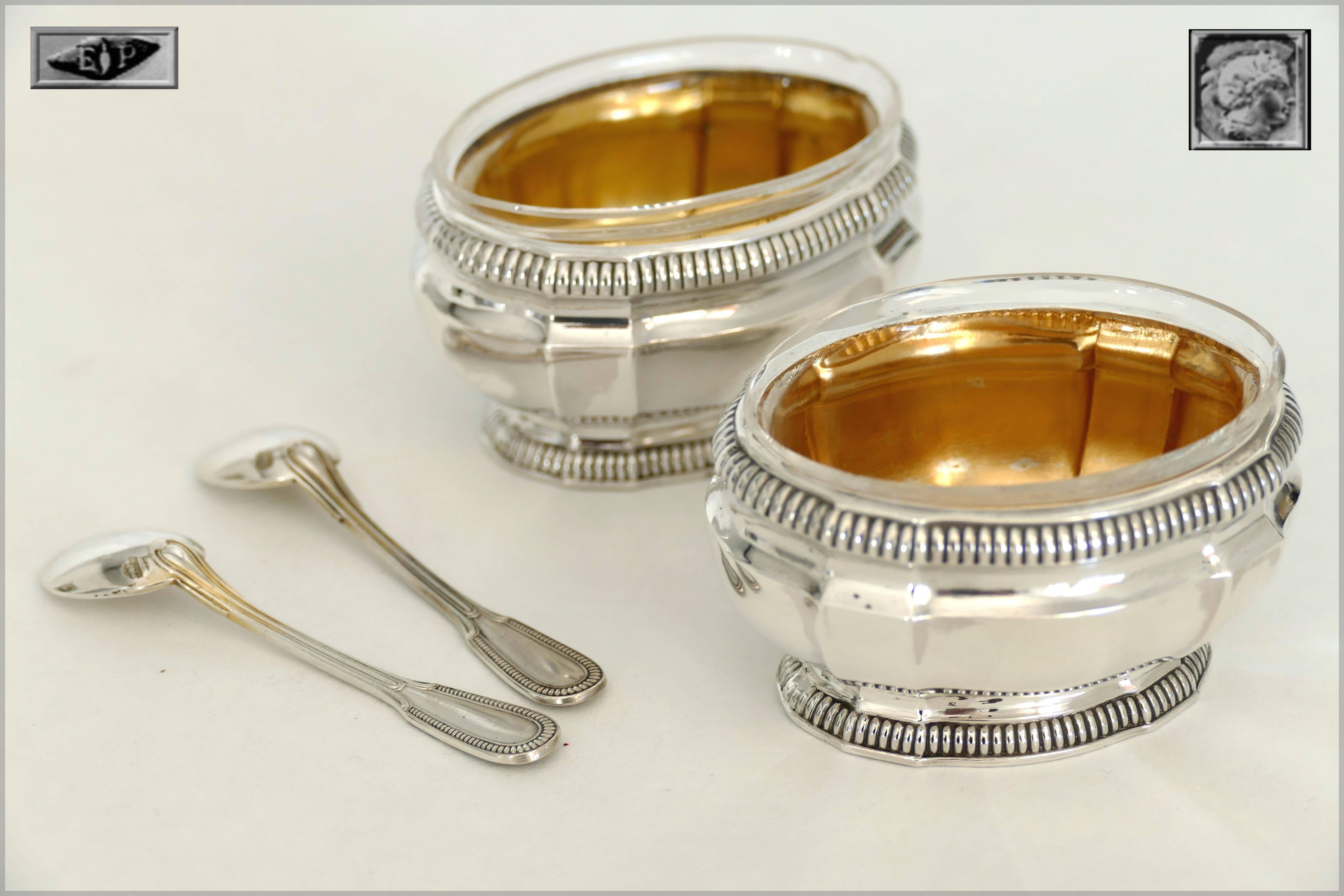 Art Nouveau Puiforcat French Sterling Silver Gold 18-Karat Salt Cellars Pair with Spoons