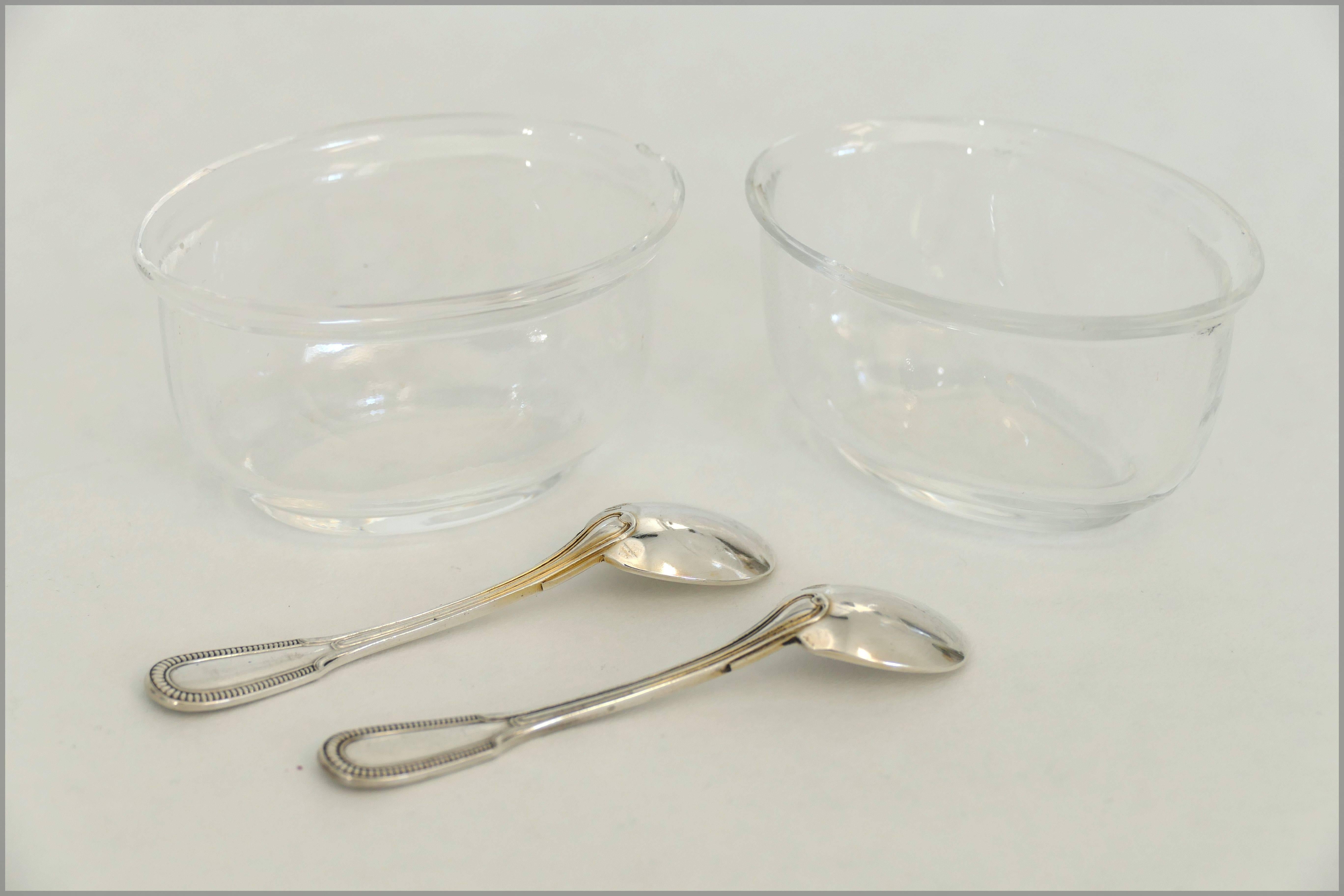 Puiforcat French Sterling Silver Gold 18-Karat Salt Cellars Pair with Spoons In Excellent Condition In TRIAIZE, PAYS DE LOIRE