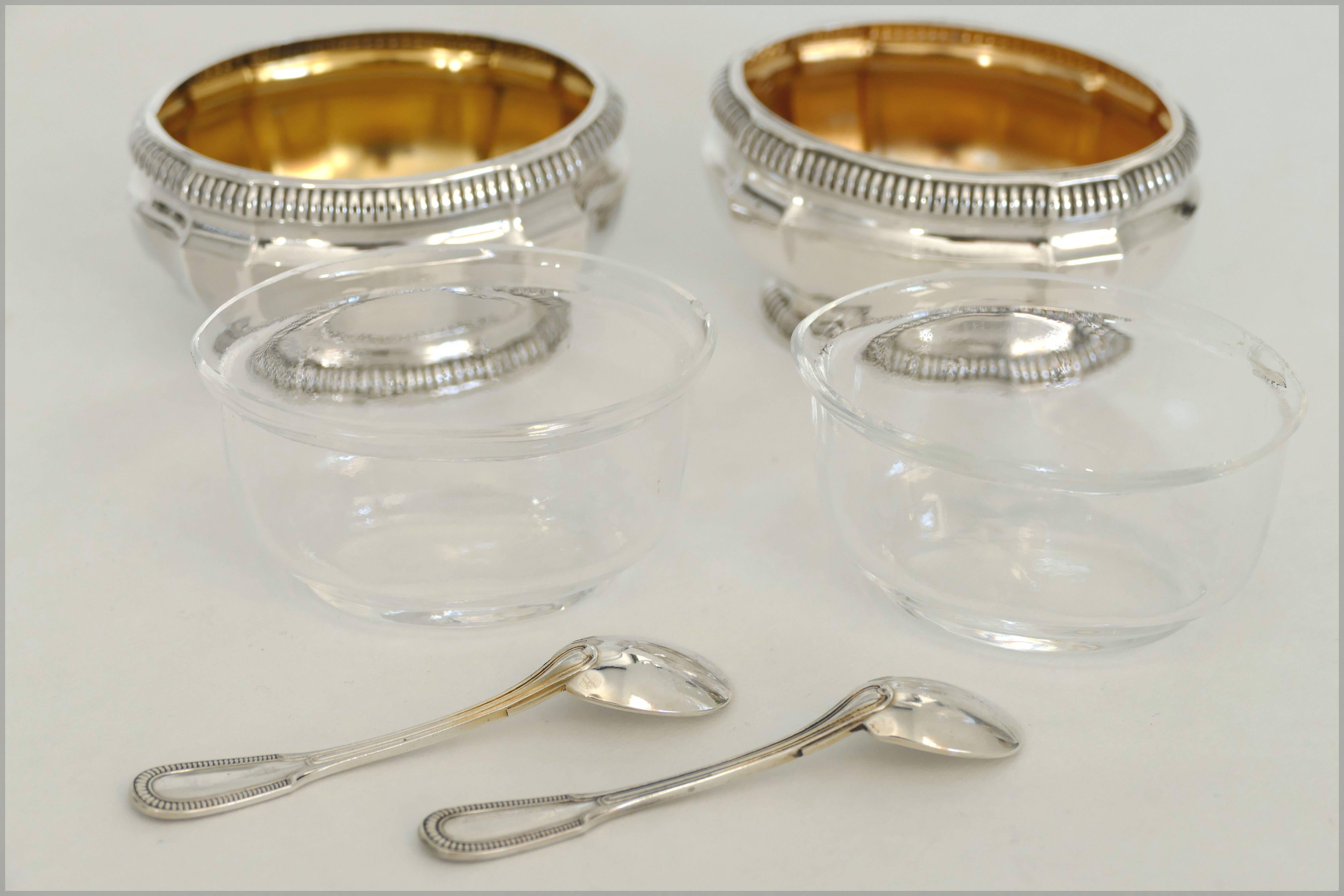18k Gold Puiforcat French Sterling Silver Gold 18-Karat Salt Cellars Pair with Spoons