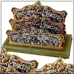 19th French Champlevé Enamel Onyx Letter Stand / Table / Desk Accessory