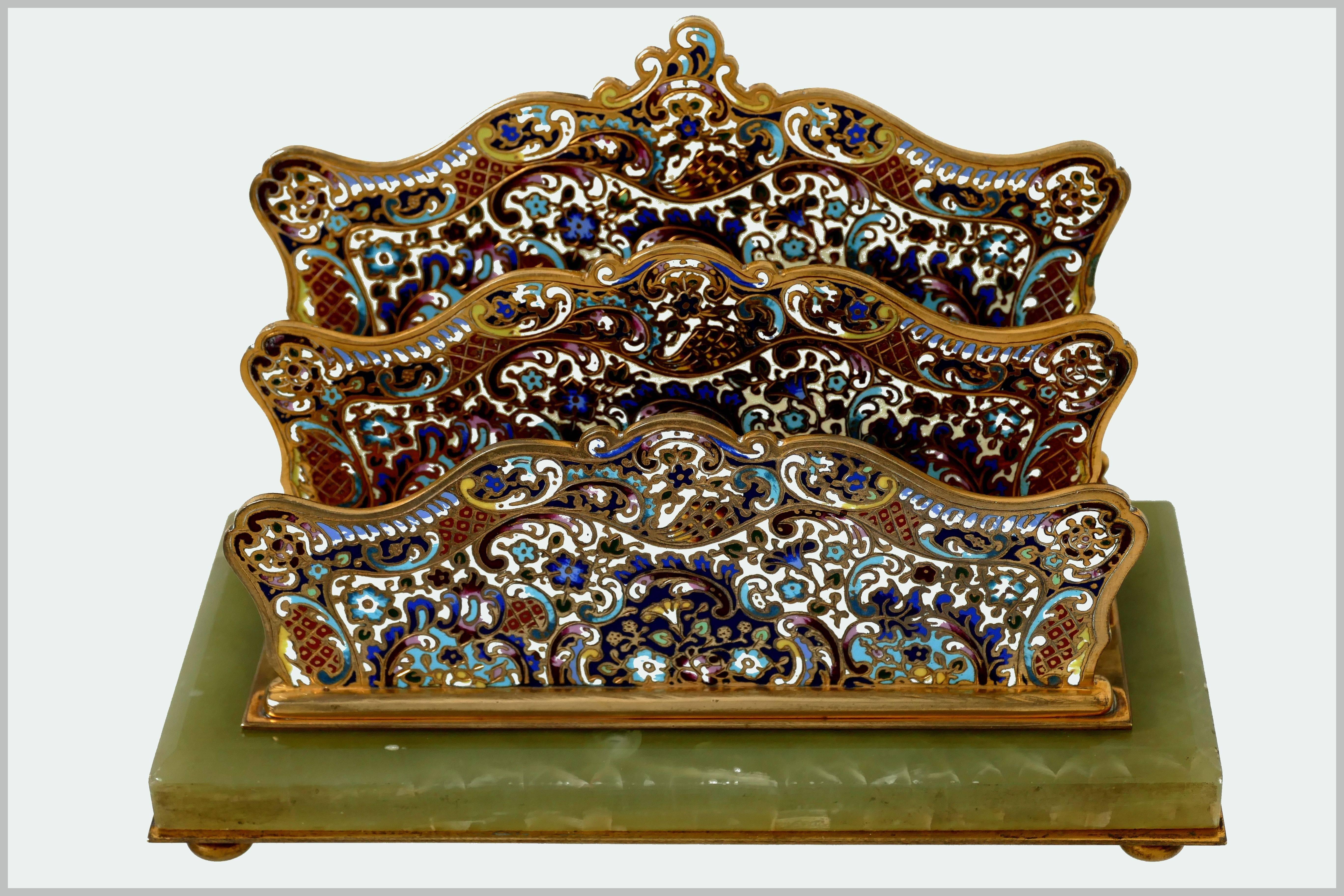 19th French Champlevé Enamel Onyx Letter Stand / Table / Desk Accessory  For Sale 1