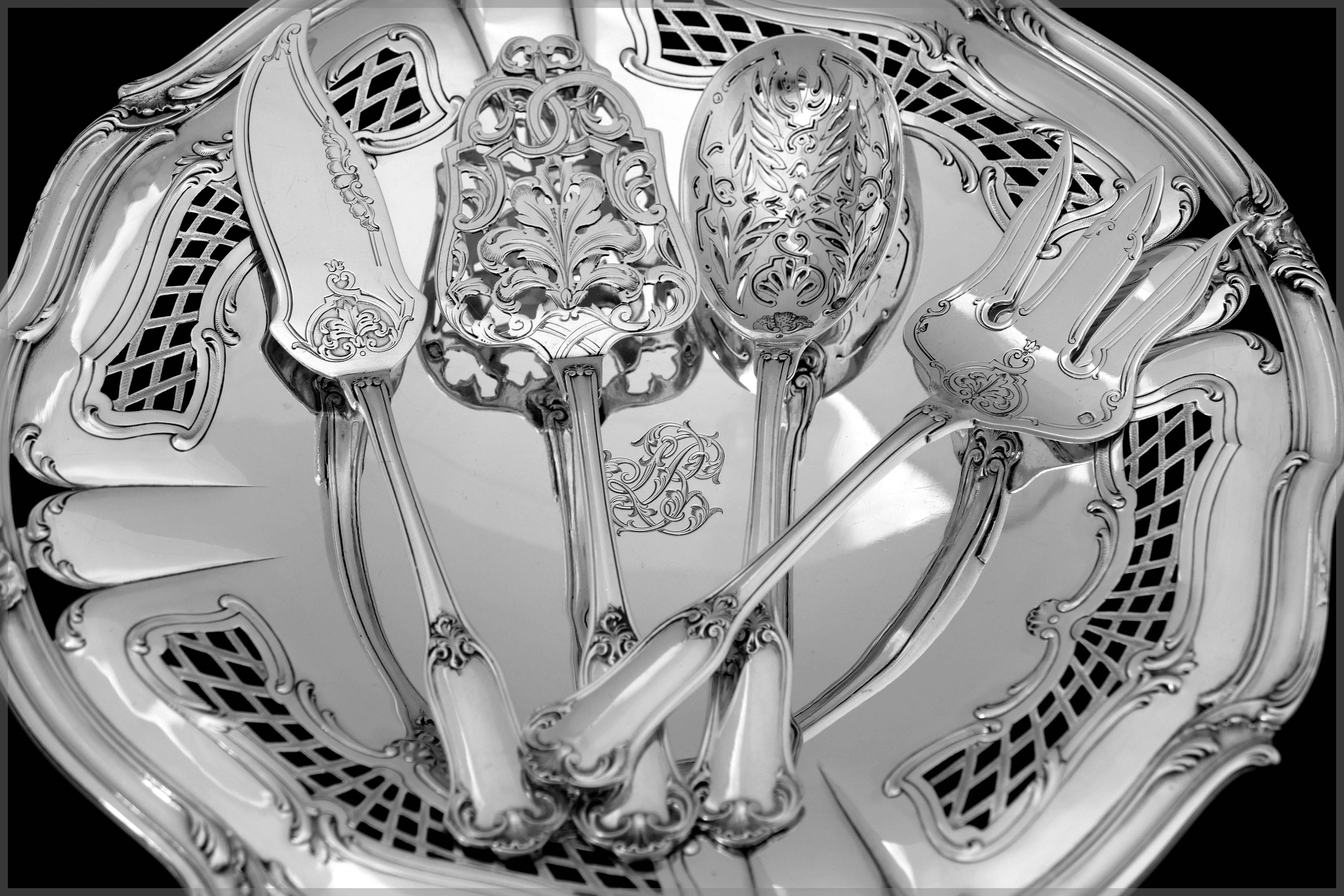Puiforcat French All Sterling Silver Dessert Hors d'Oeuvre Set Box Rococo 3