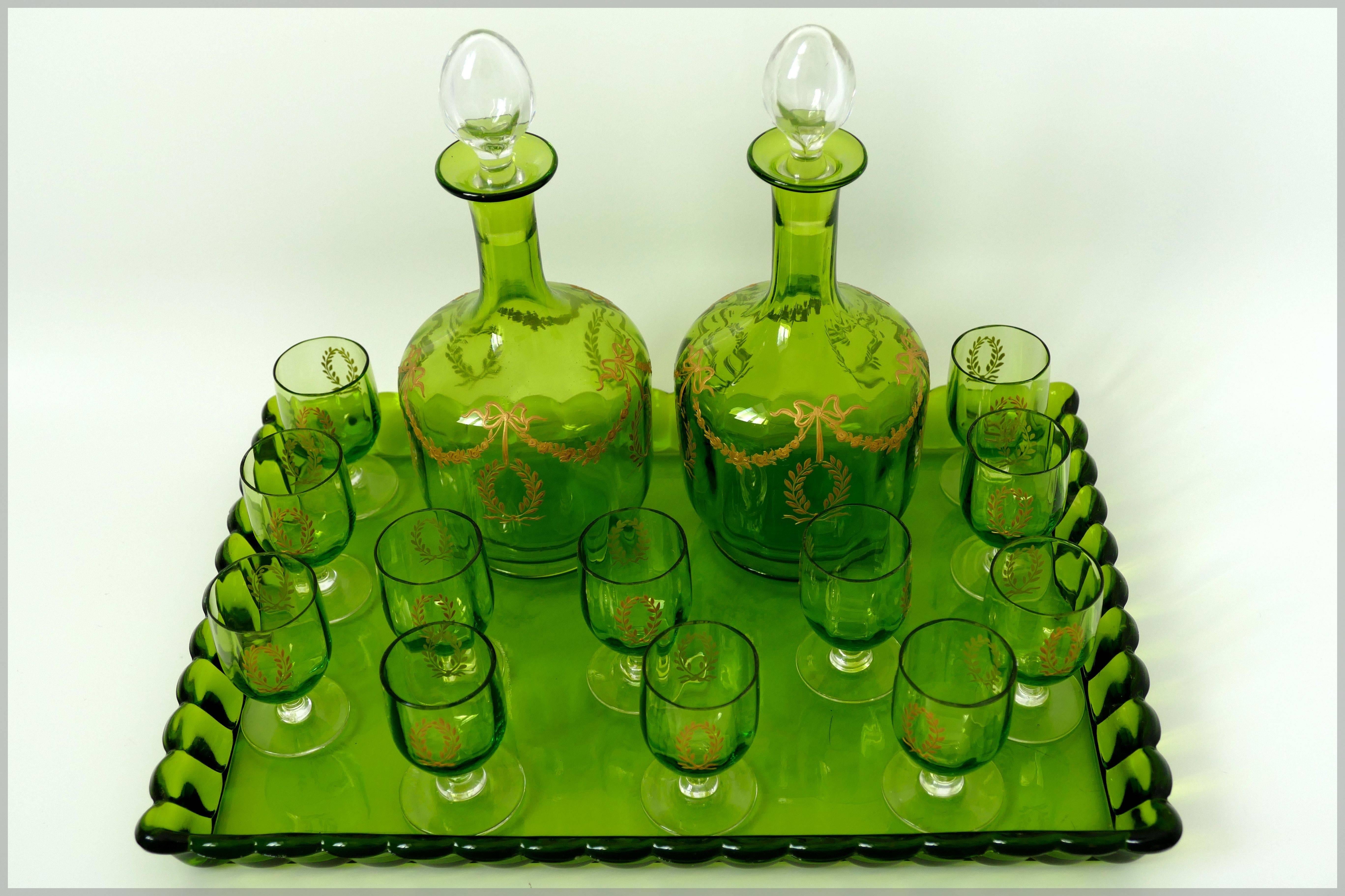 Early 20th Century 1900 Rare Baccarat Gold Green Chartreuse Crystal Liquor or Aperitif Service