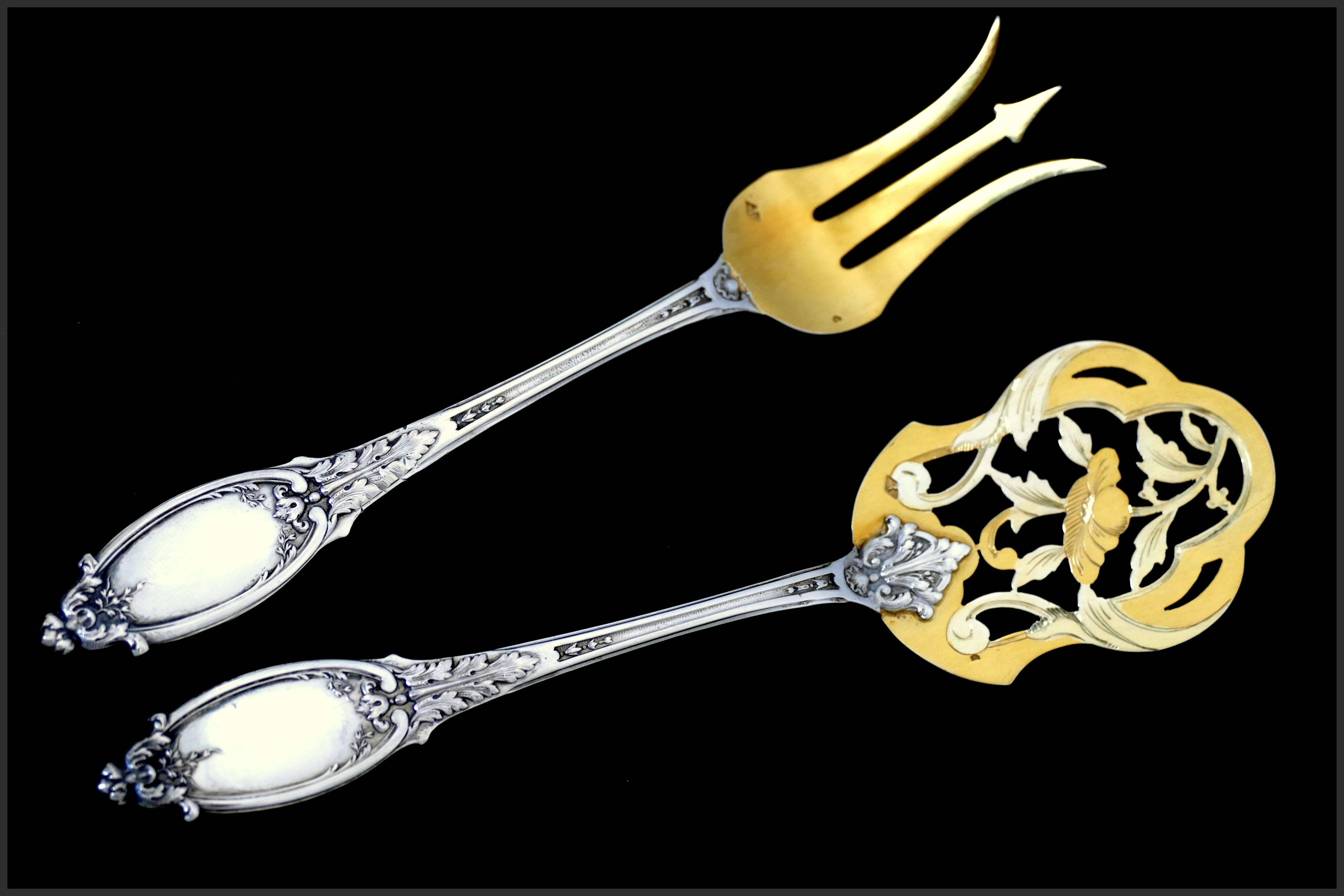 Maillard French All Sterling Silver 18-Karat Gold Dessert Set, Box, Neoclassical For Sale 3