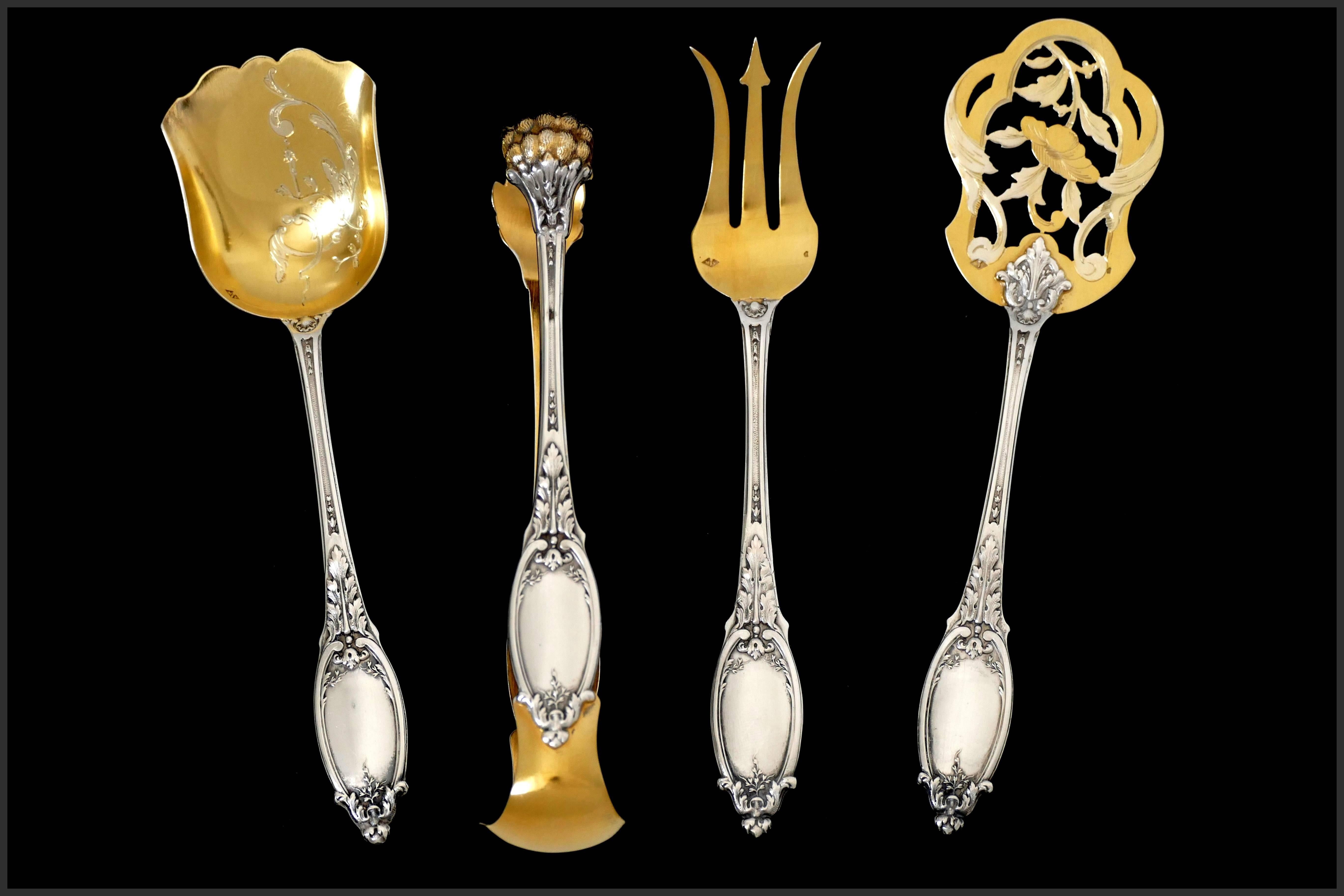 Maillard French All Sterling Silver 18-Karat Gold Dessert Set, Box, Neoclassical In Good Condition For Sale In TRIAIZE, PAYS DE LOIRE