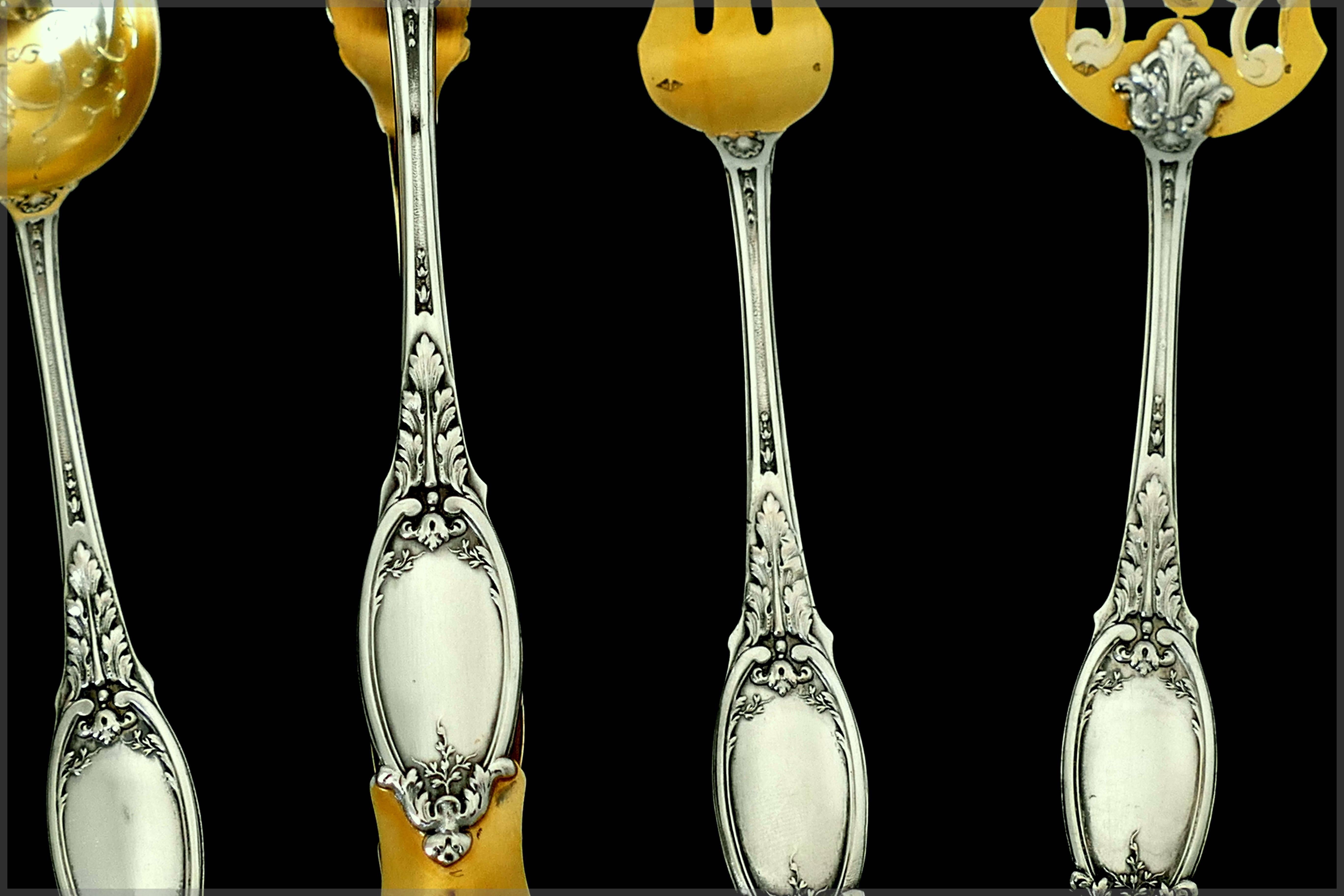 Maillard French All Sterling Silver 18-Karat Gold Dessert Set, Box, Neoclassical For Sale 4