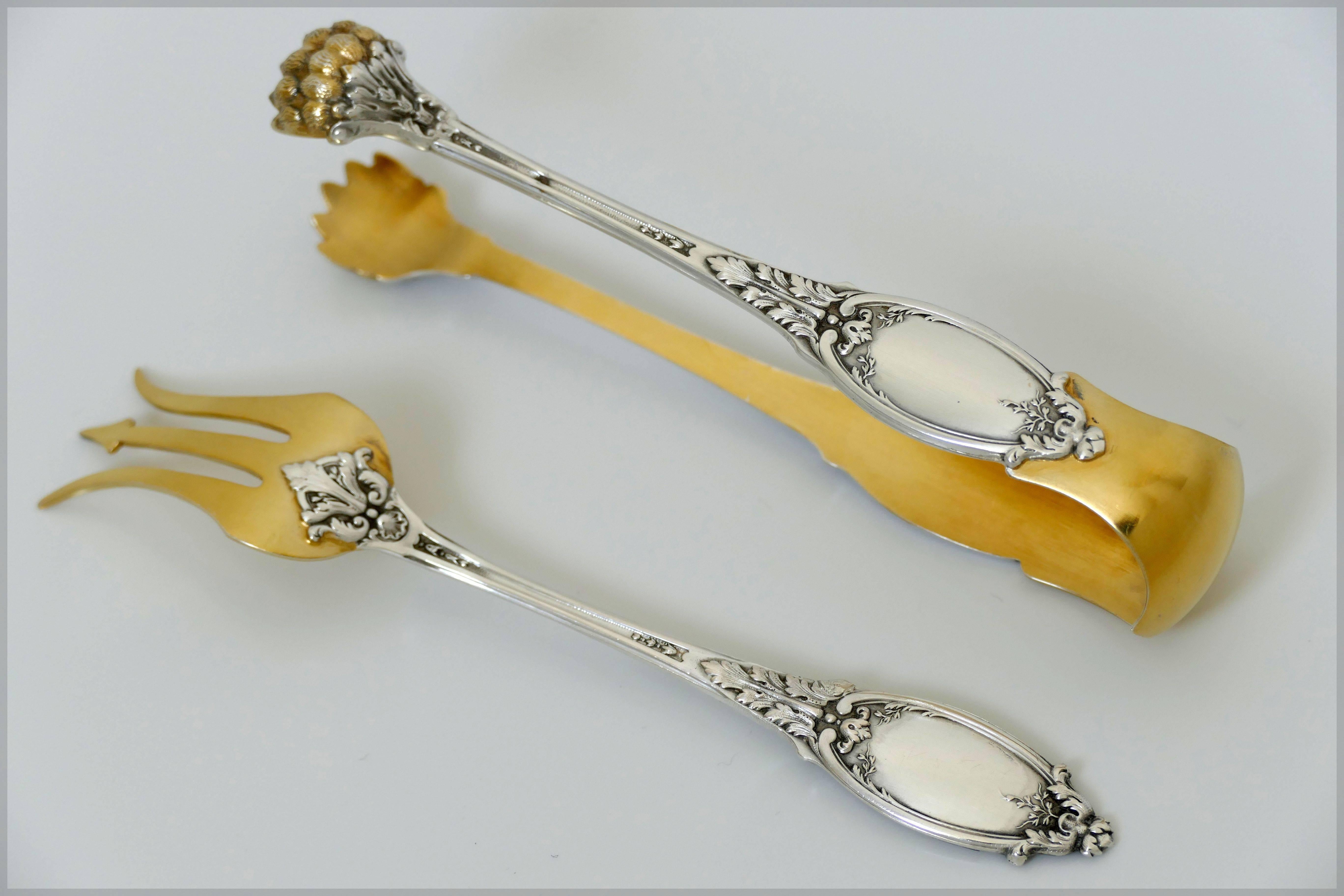 Maillard French All Sterling Silver 18-Karat Gold Dessert Set, Box, Neoclassical For Sale 5