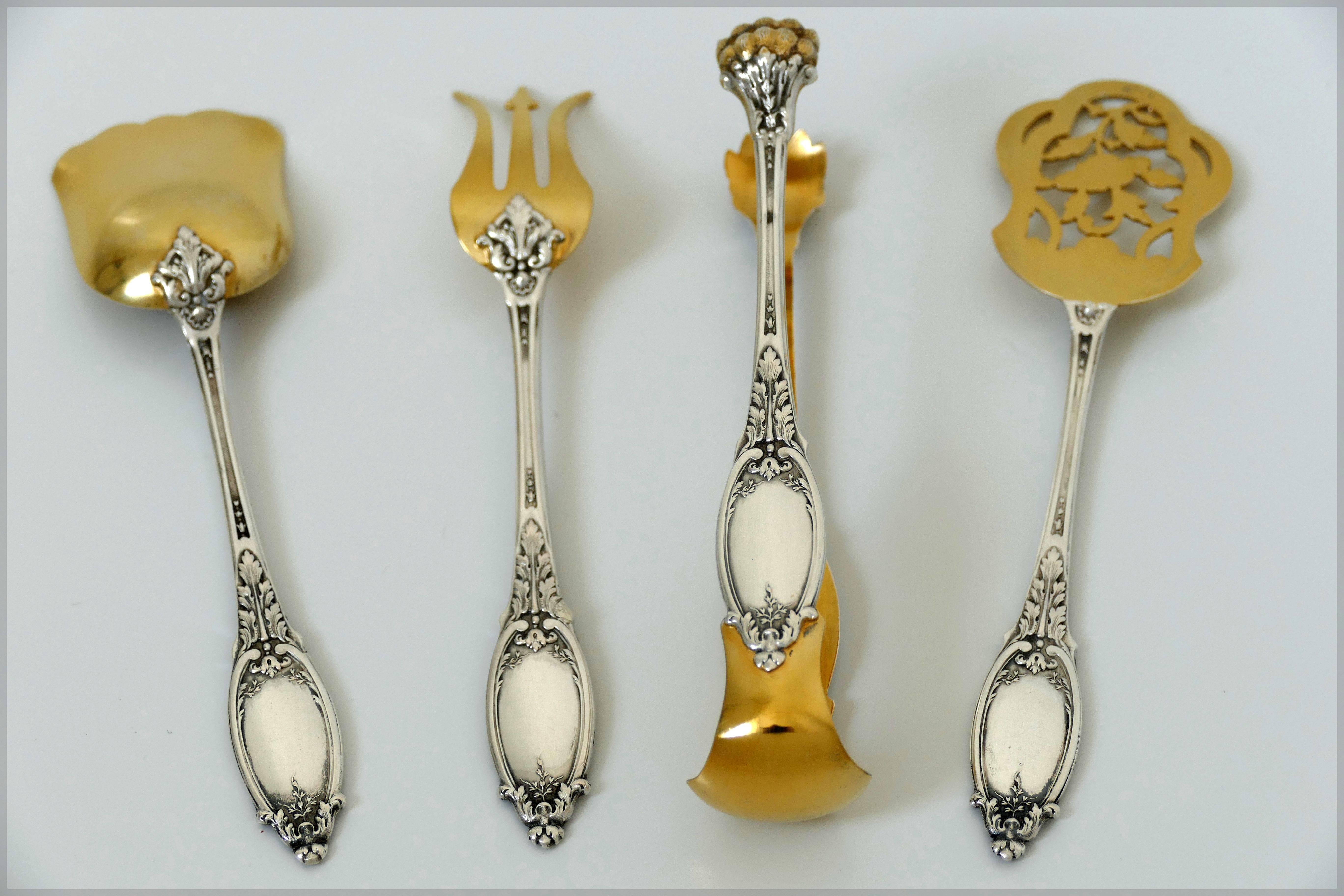 Maillard French All Sterling Silver 18-Karat Gold Dessert Set, Box, Neoclassical For Sale 2