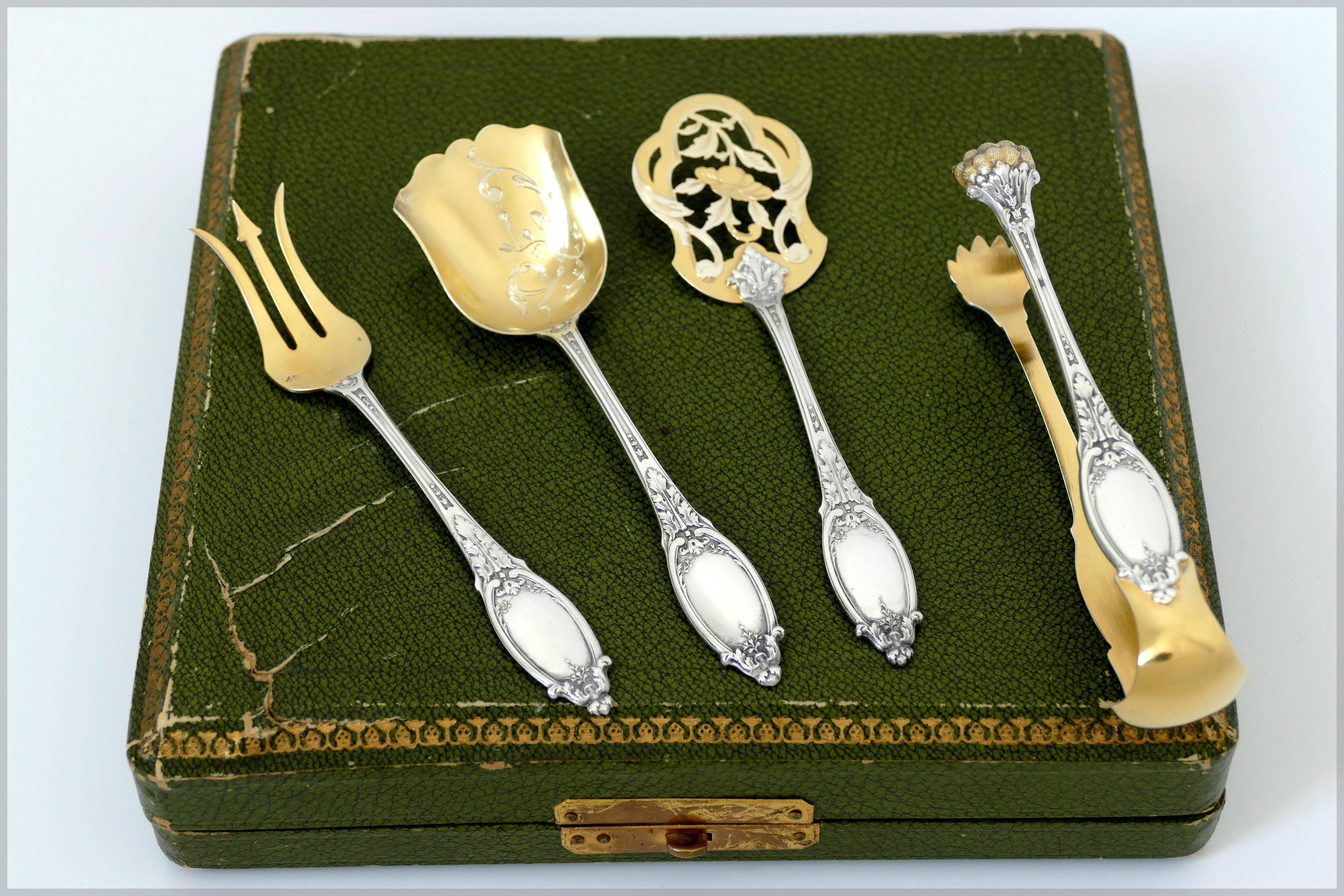 Late 19th Century Maillard French All Sterling Silver 18-Karat Gold Dessert Set, Box, Neoclassical For Sale