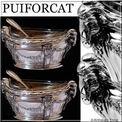 Puiforcat Masterpiece French Sterling Silver Salt Cellars Pair Spoons Ram's Head