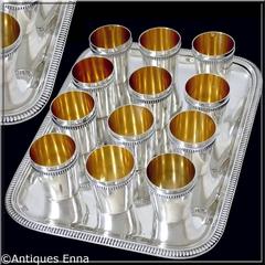 Rare French All Sterling Silver 18-Karat Gold Liquor Cups 12 Pieces with Tray