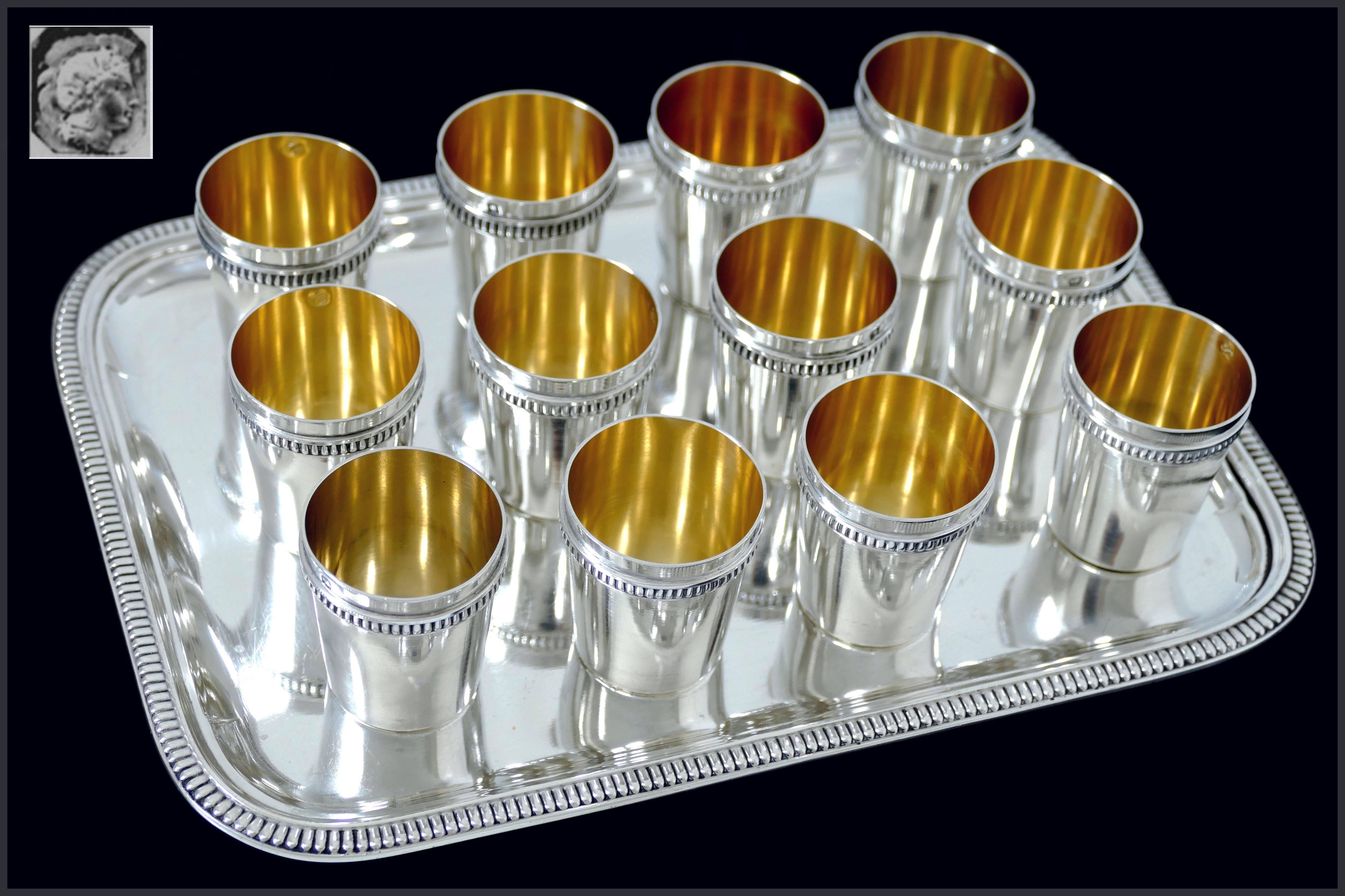 Rare French All Sterling Silver 18-Karat Gold Liquor Cups 12 Pieces with Tray For Sale 2