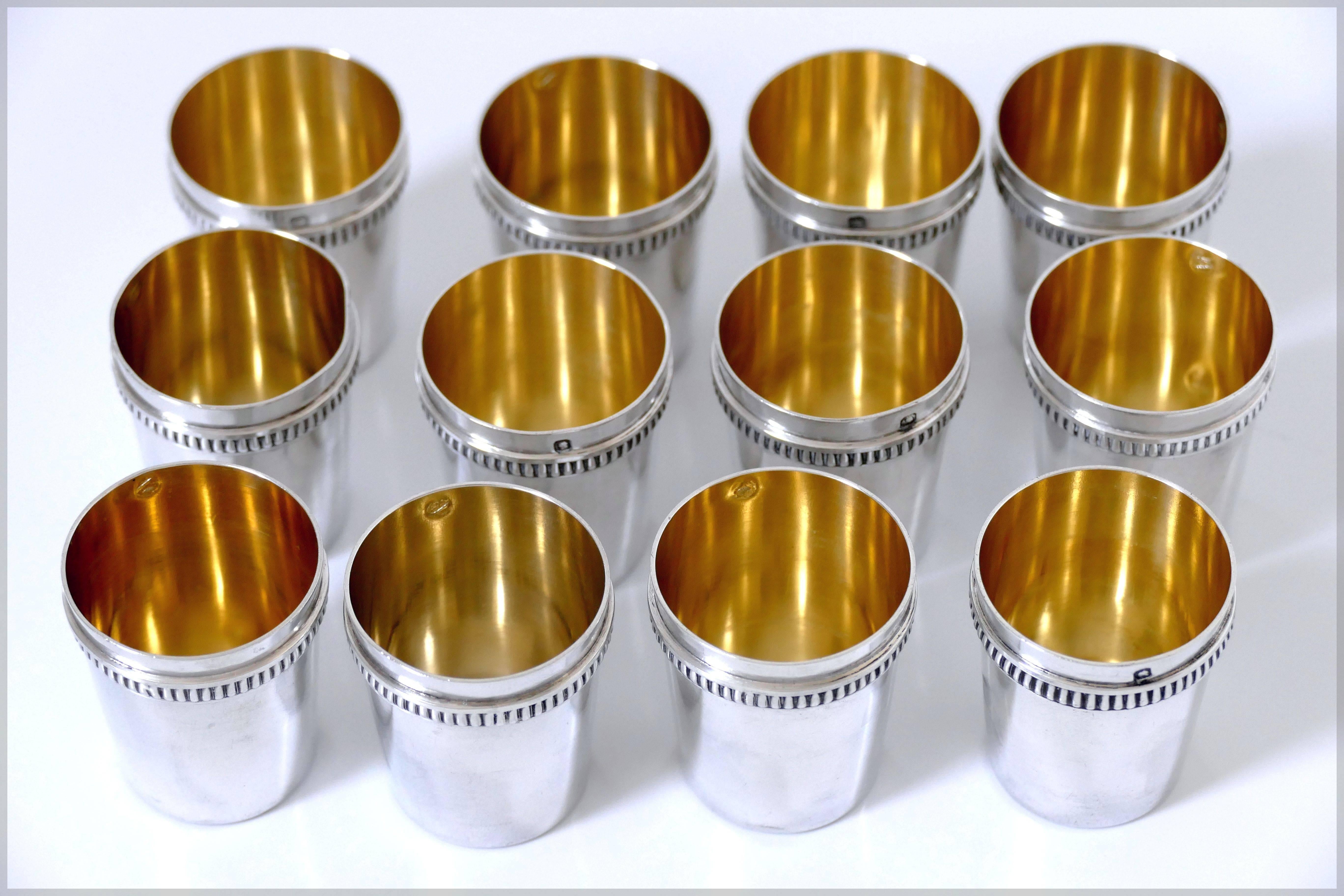 Early 20th Century Rare French All Sterling Silver 18-Karat Gold Liquor Cups 12 Pieces with Tray For Sale