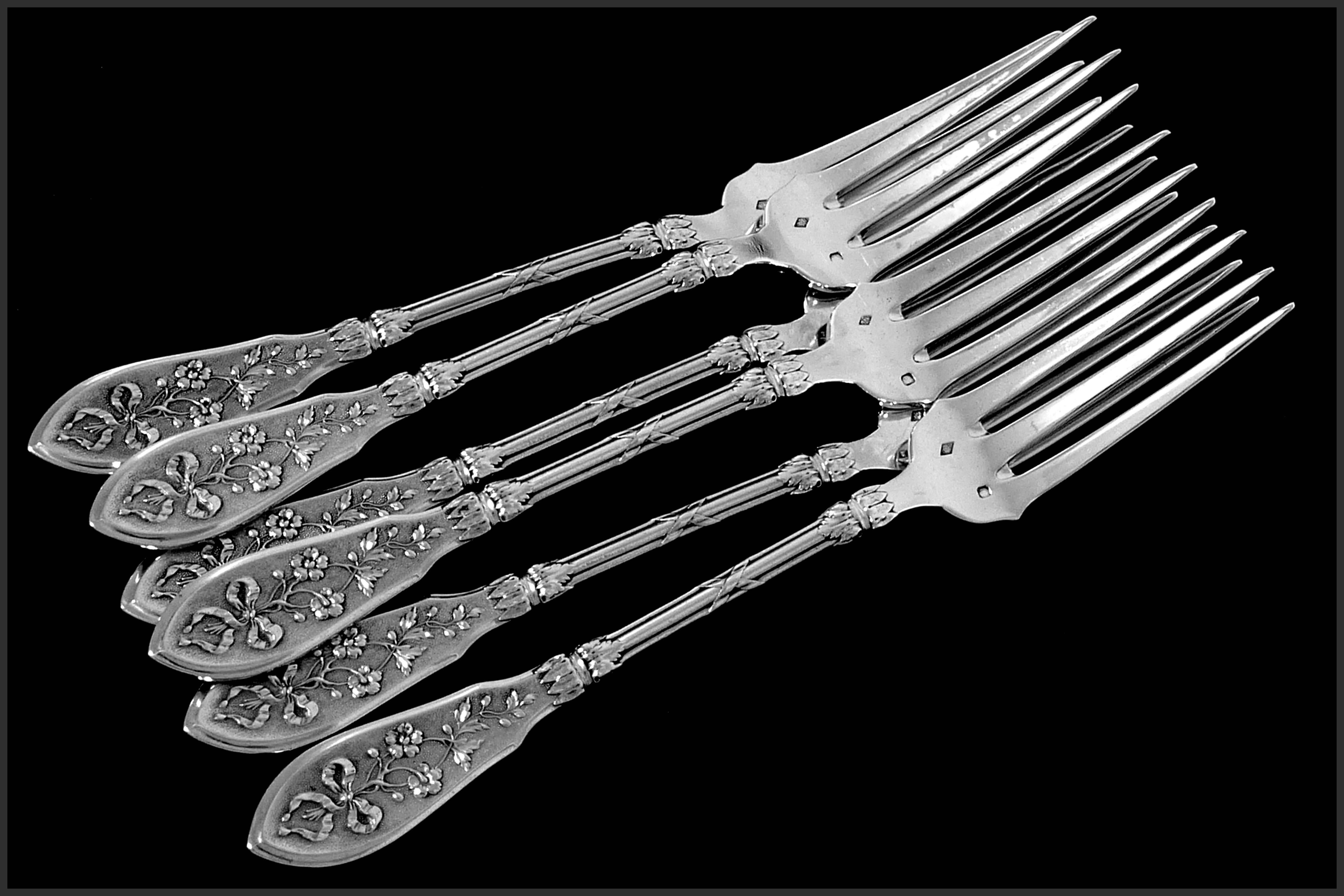 Henin French Sterling Silver Dinner Flatware Set 12 Pieces Musical Instruments For Sale 3
