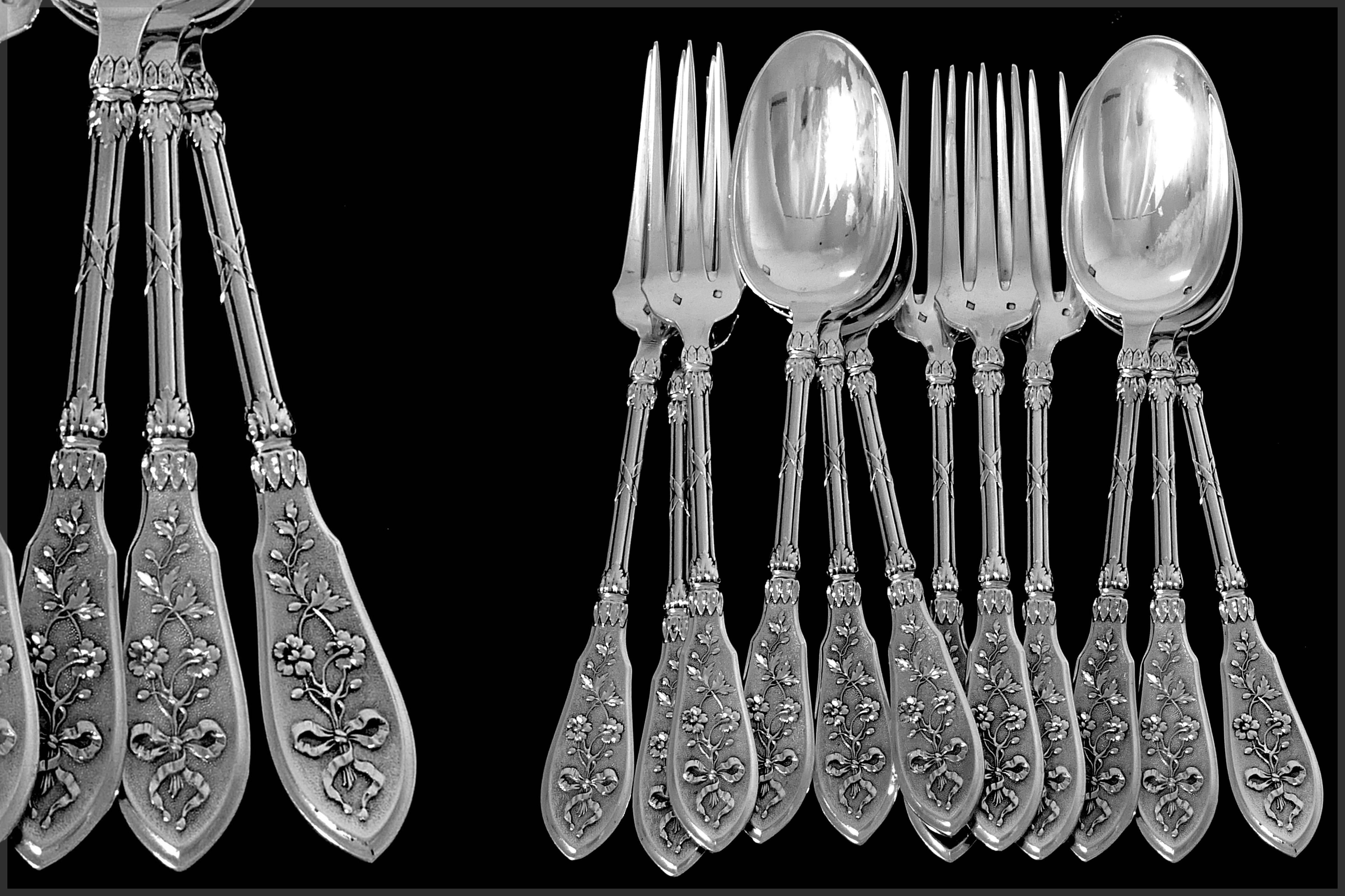 Henin French Sterling Silver Dinner Flatware Set 12 Pieces Musical Instruments For Sale 5
