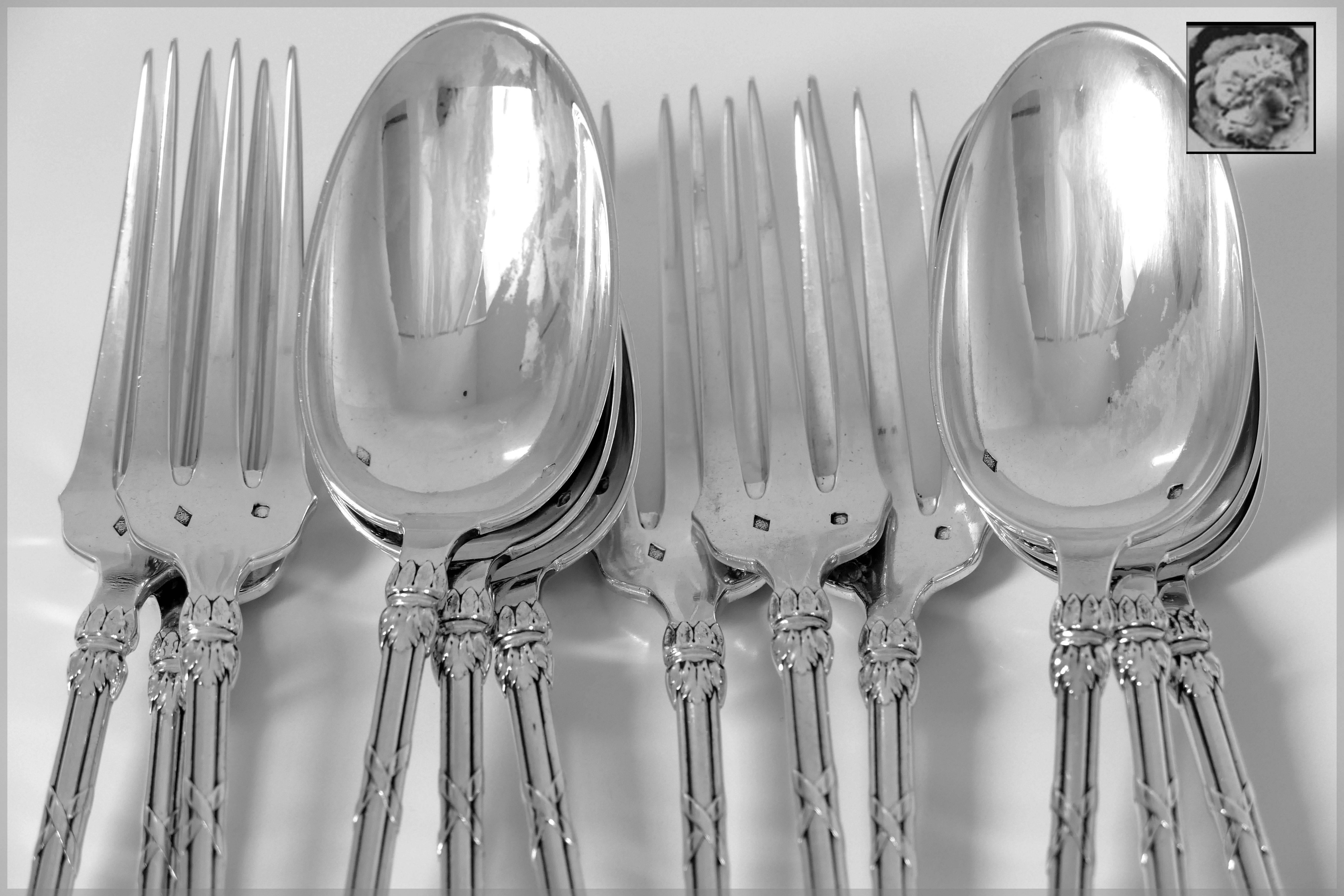 Louis XVI Henin French Sterling Silver Dinner Flatware Set 12 Pieces Musical Instruments For Sale
