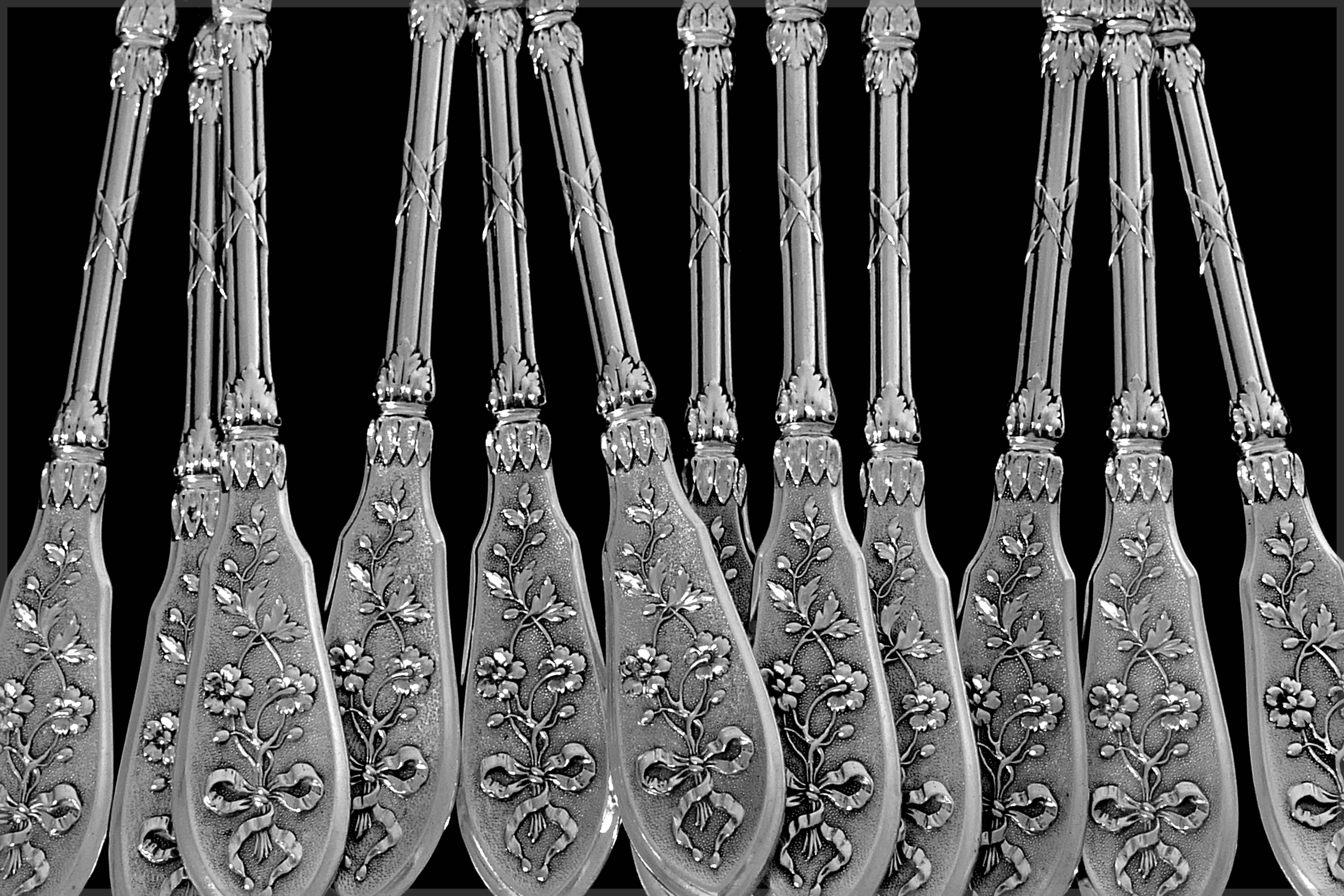 Henin French Sterling Silver Dinner Flatware Set 12 Pieces Musical Instruments For Sale 1