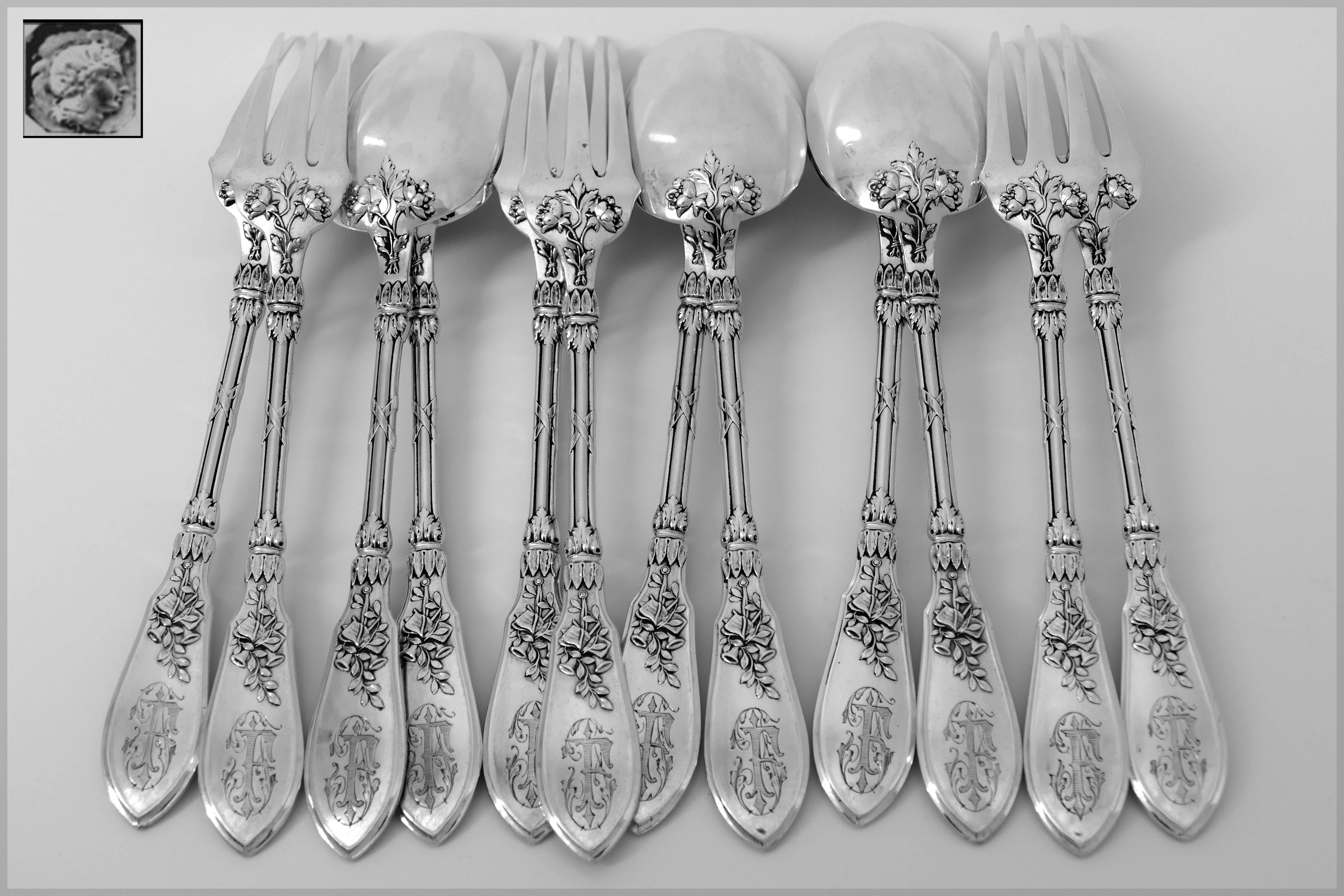 Henin French Sterling Silver Dinner Flatware Set 12 Pieces Musical Instruments For Sale 2