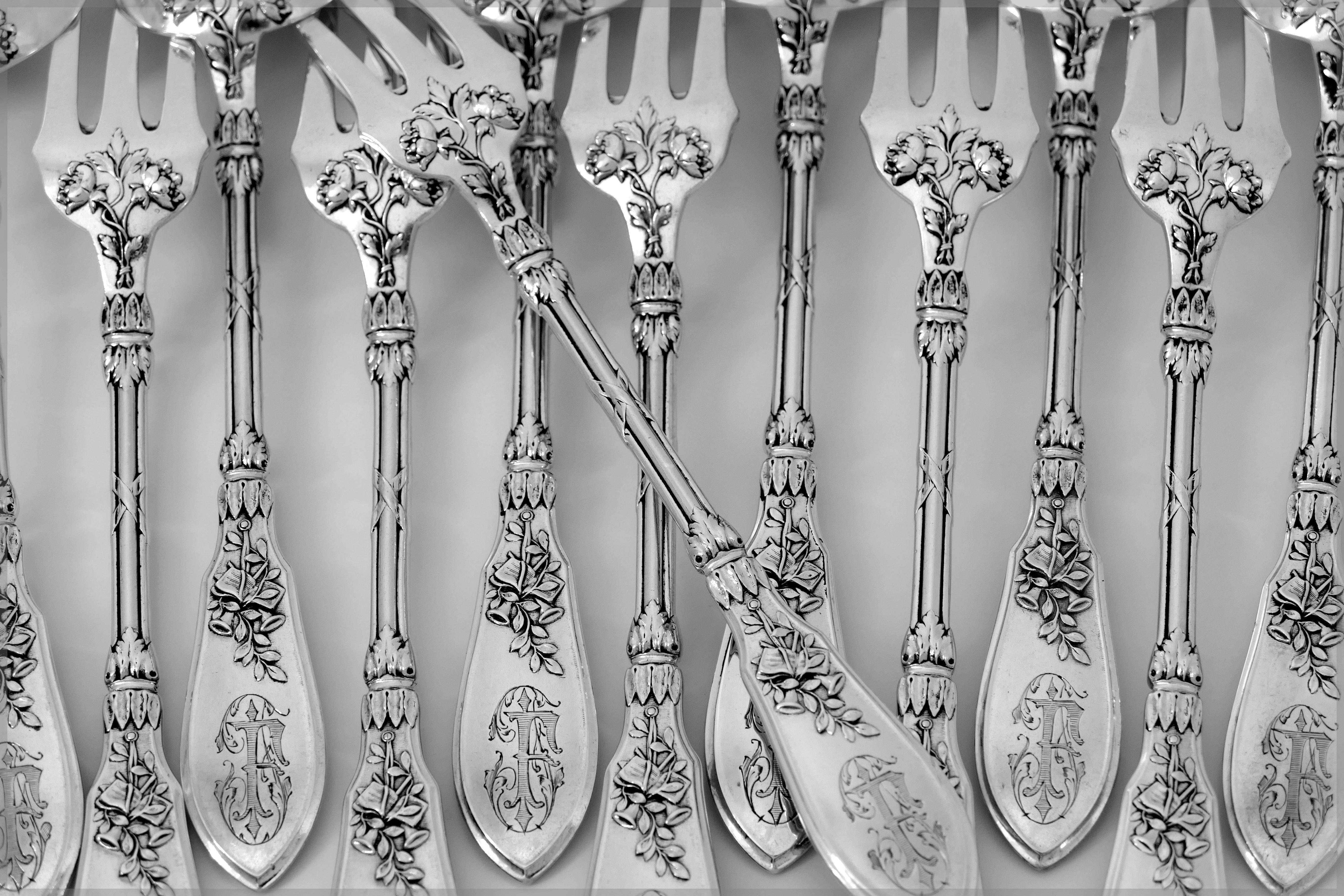 Henin French Sterling Silver Dinner Flatware Set 12 Pieces Musical Instruments For Sale 4