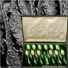 Tortez French Sterling Silver 18-Karat Gold Tea Spoons Set, Sugar Tongs, Box