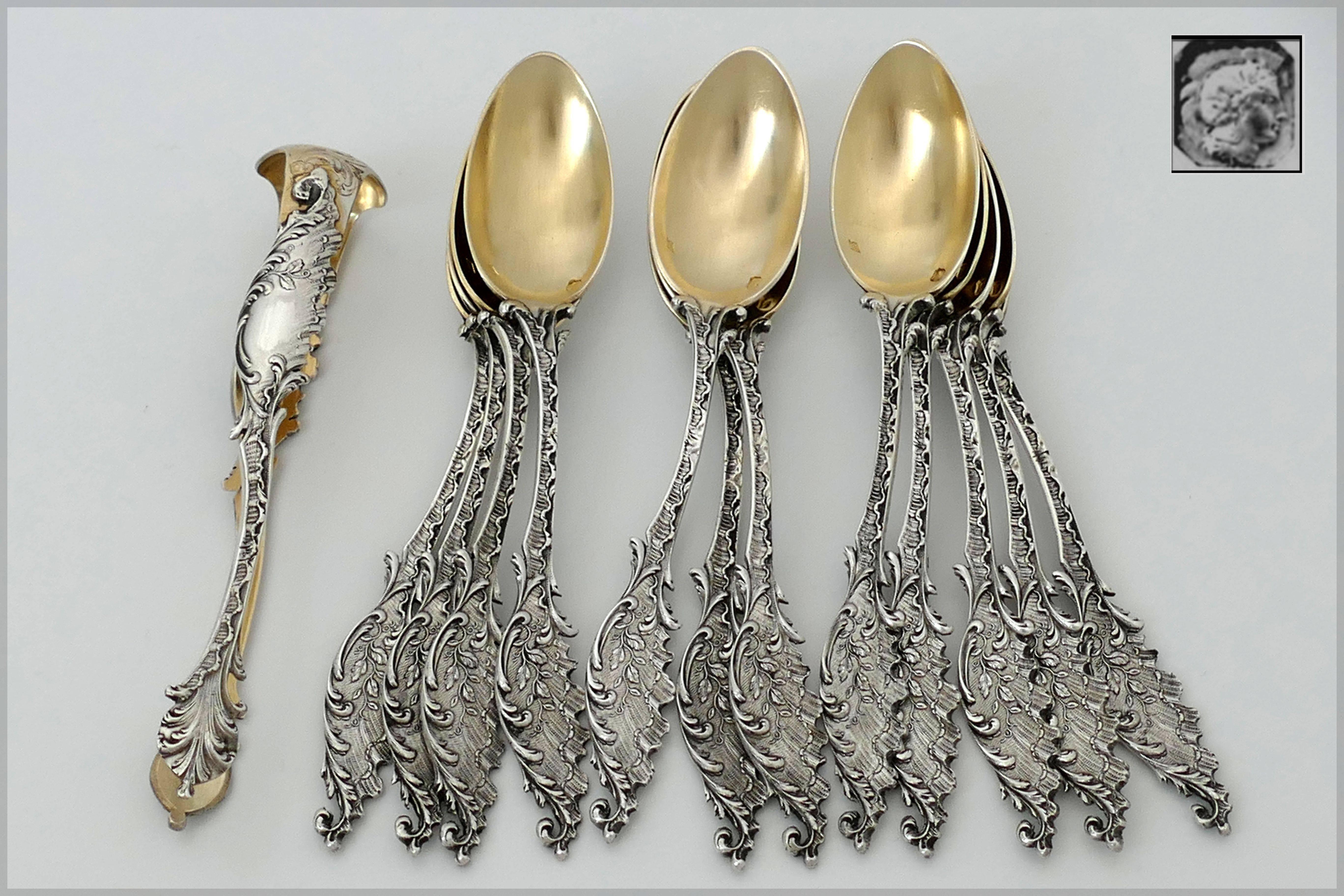 Rococo Tortez French Sterling Silver 18-Karat Gold Tea Spoons Set, Sugar Tongs, Box For Sale