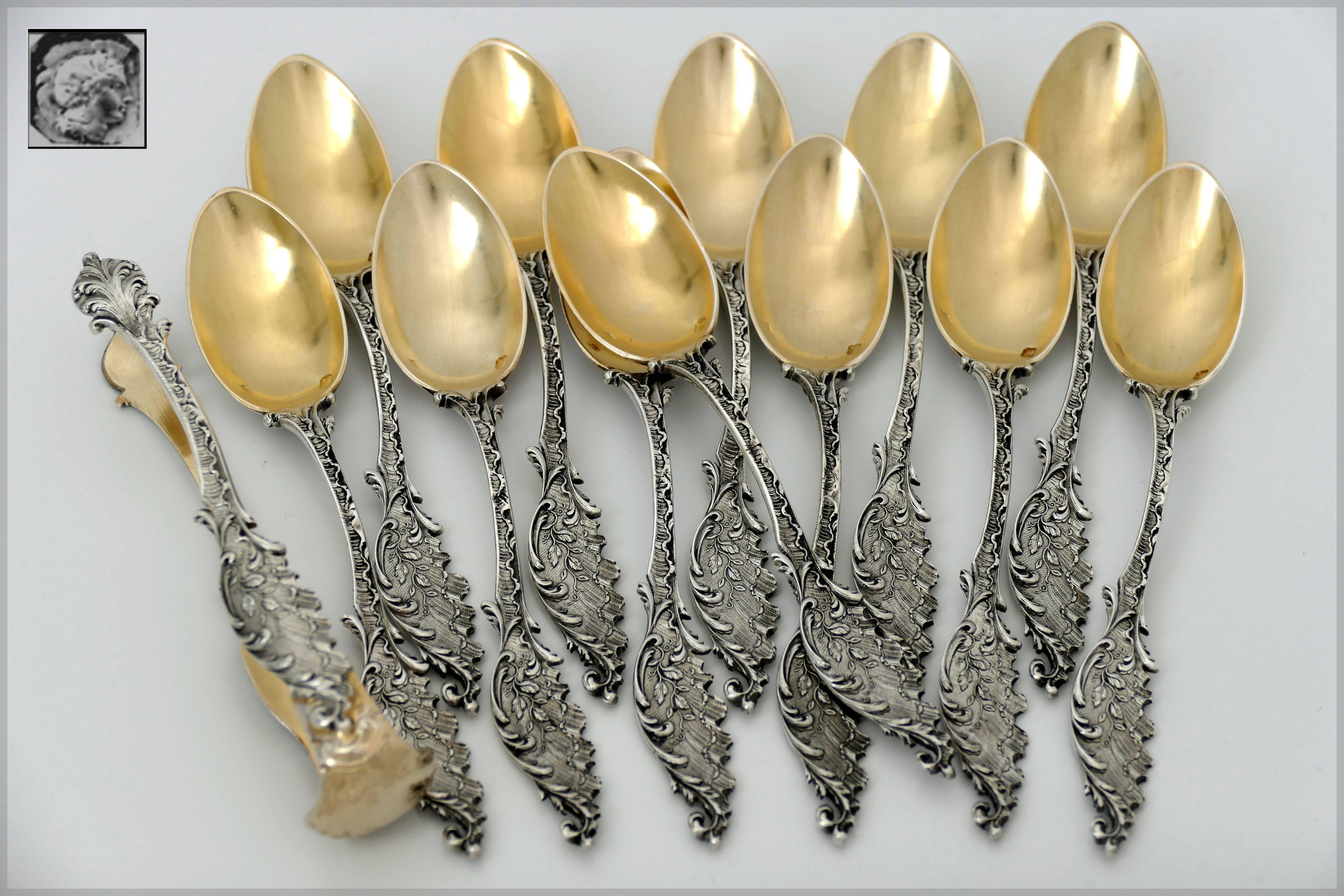 Tortez French Sterling Silver 18-Karat Gold Tea Spoons Set, Sugar Tongs, Box For Sale 3