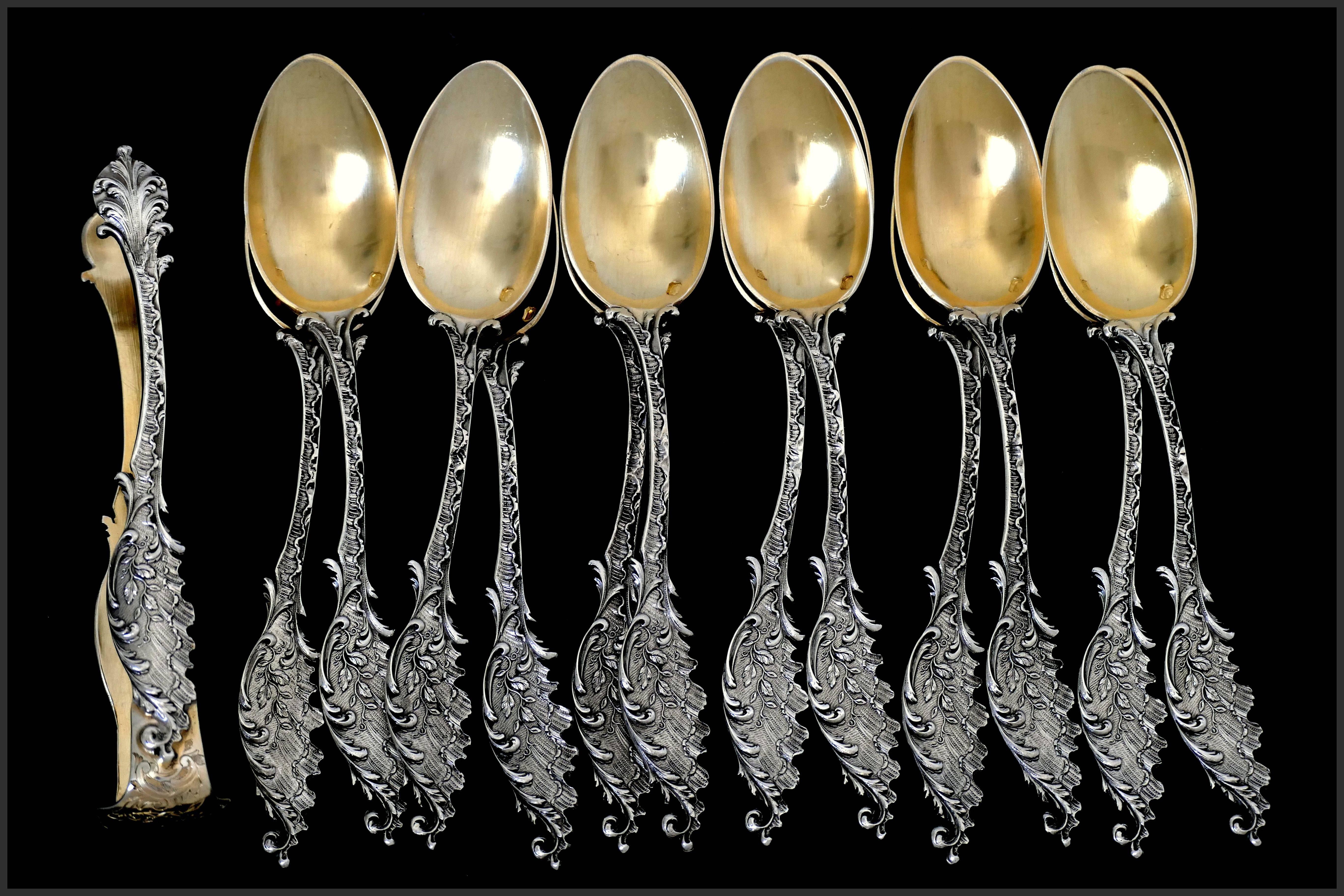Tortez French Sterling Silver 18-Karat Gold Tea Spoons Set, Sugar Tongs, Box For Sale 4