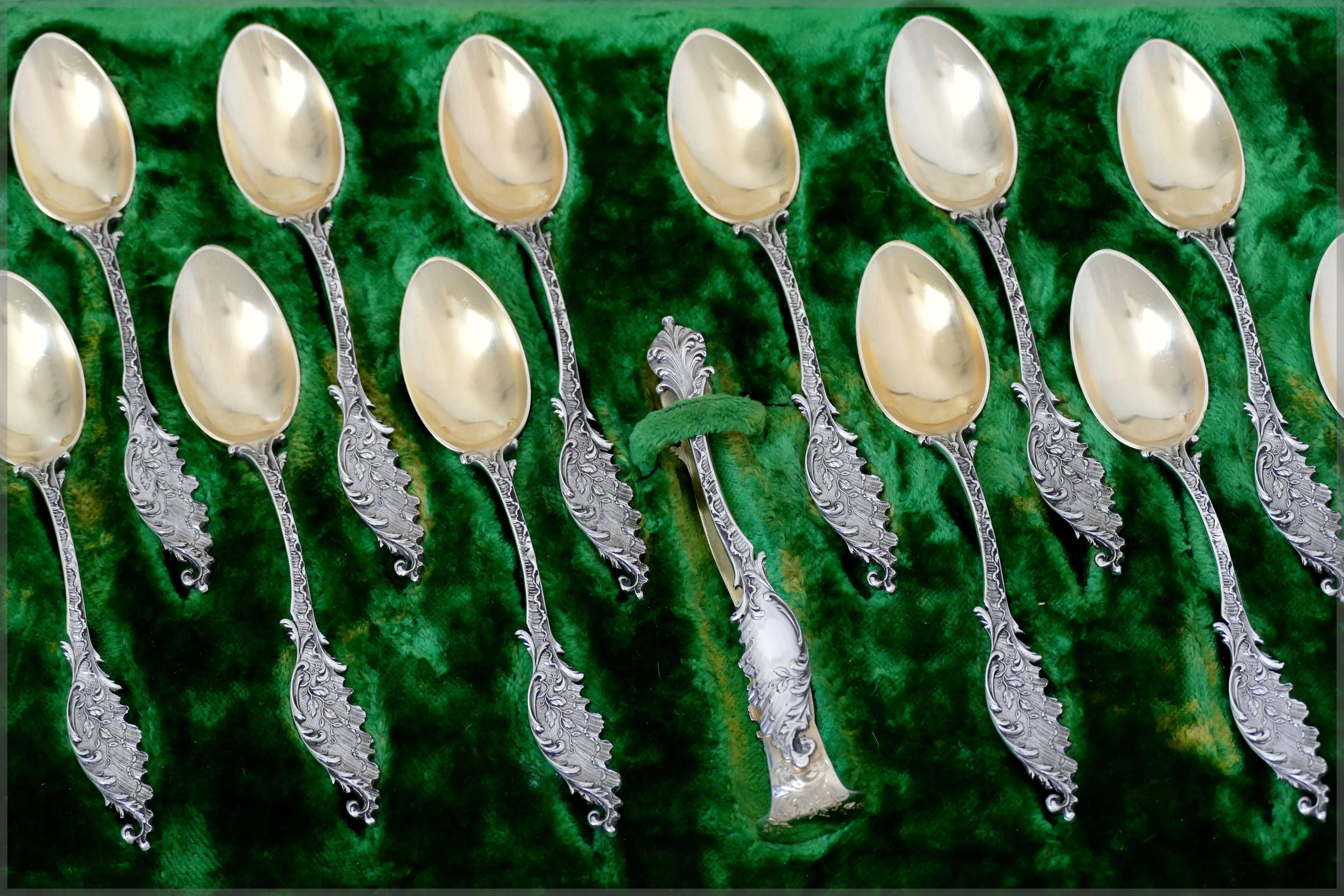 Tortez French Sterling Silver 18-Karat Gold Tea Spoons Set, Sugar Tongs, Box In Good Condition For Sale In TRIAIZE, PAYS DE LOIRE