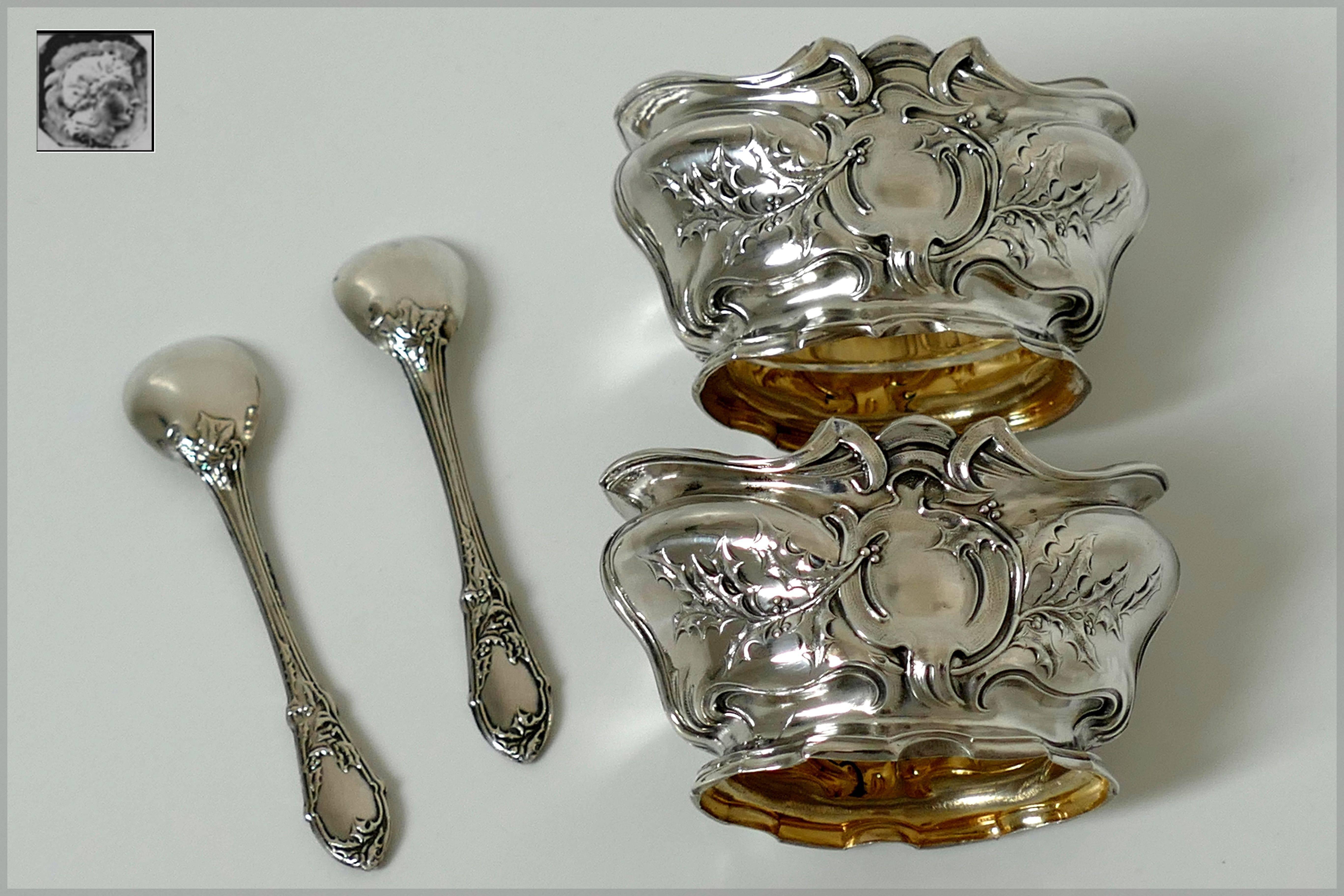 Art Nouveau 1880s French Sterling Silver 18-Karat Gold Salt Cellars Pair, Spoons, Box, Holy