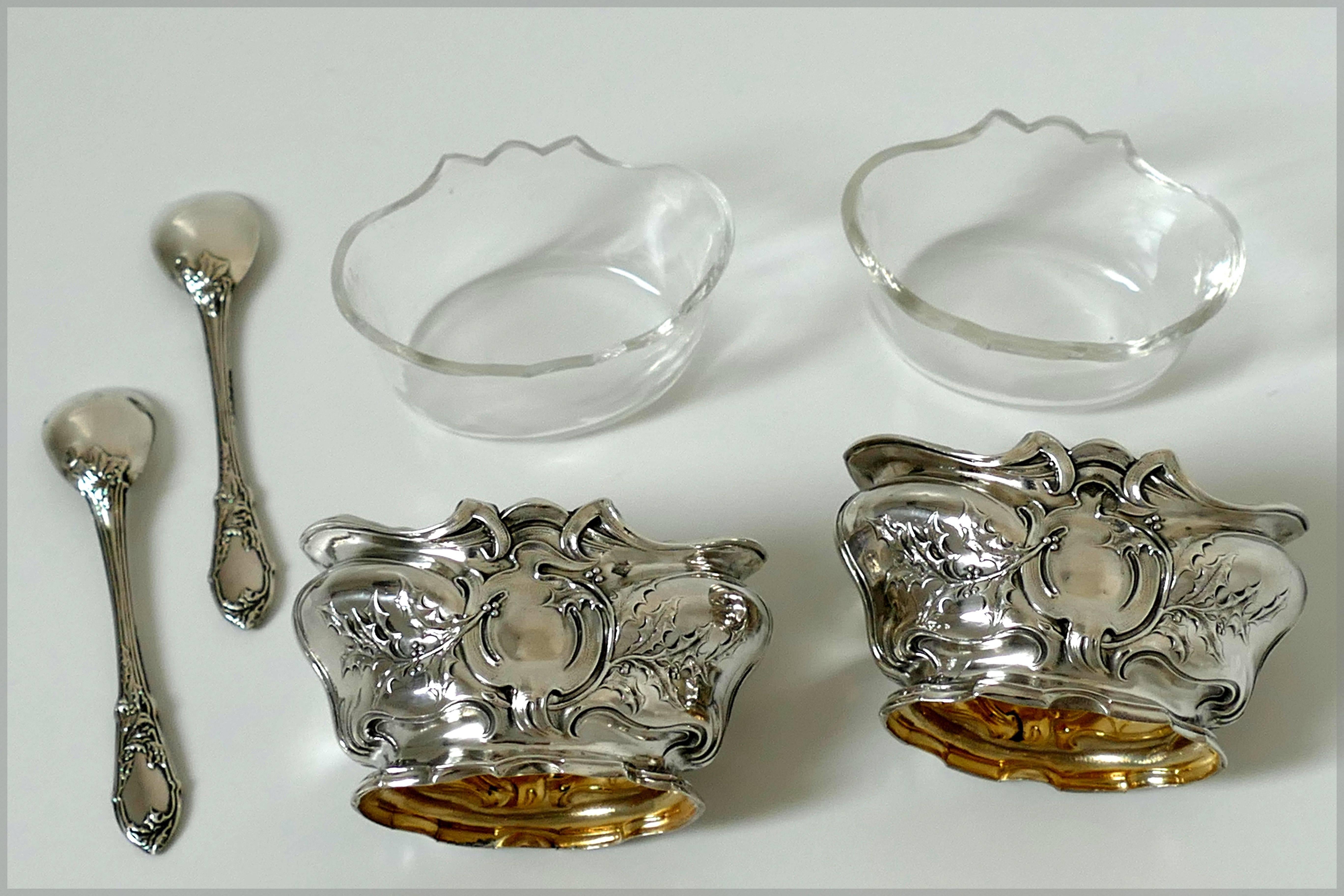 1880s French Sterling Silver 18-Karat Gold Salt Cellars Pair, Spoons, Box, Holy 2