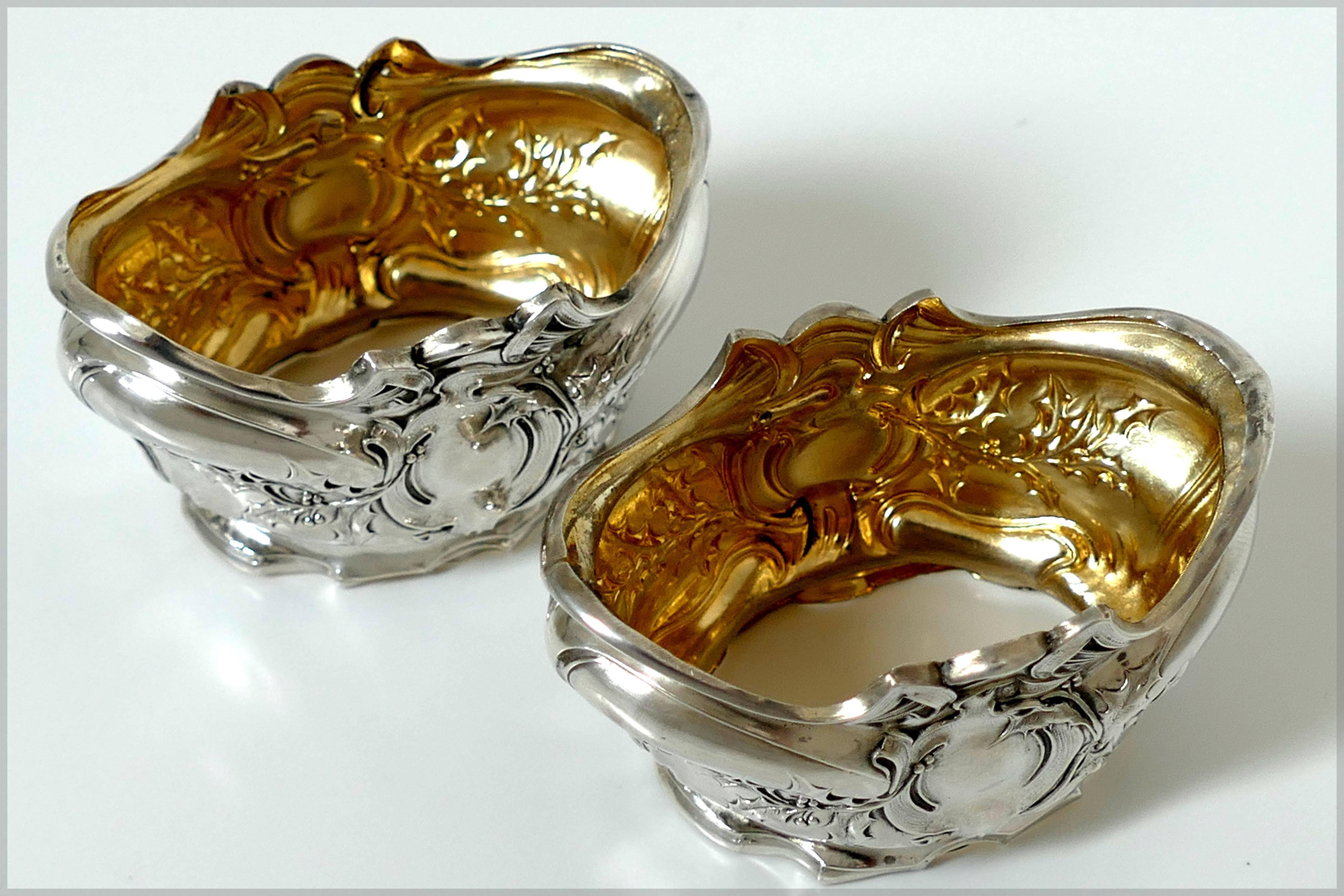 Late 19th Century 1880s French Sterling Silver 18-Karat Gold Salt Cellars Pair, Spoons, Box, Holy