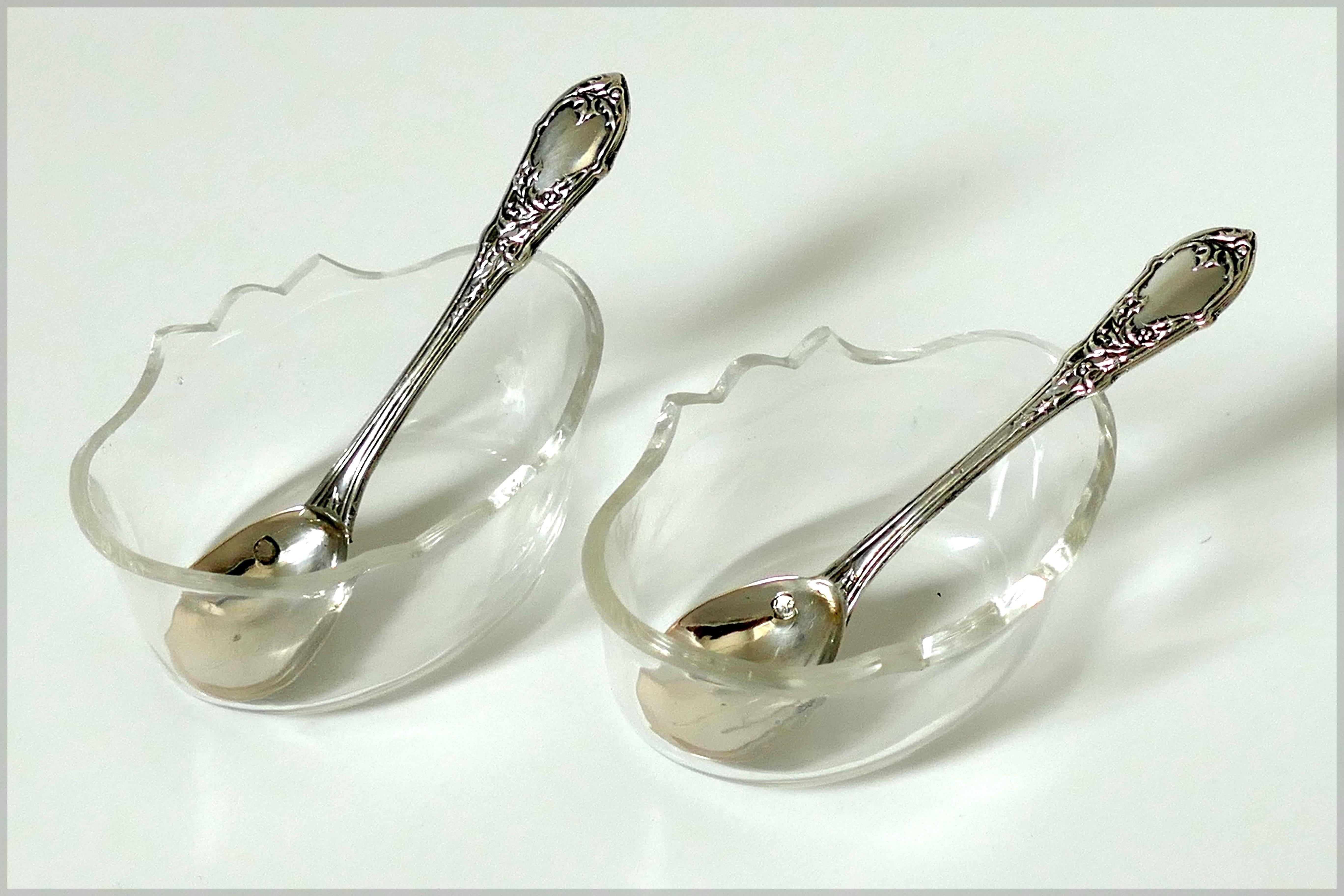 1880s French Sterling Silver 18-Karat Gold Salt Cellars Pair, Spoons, Box, Holy 3