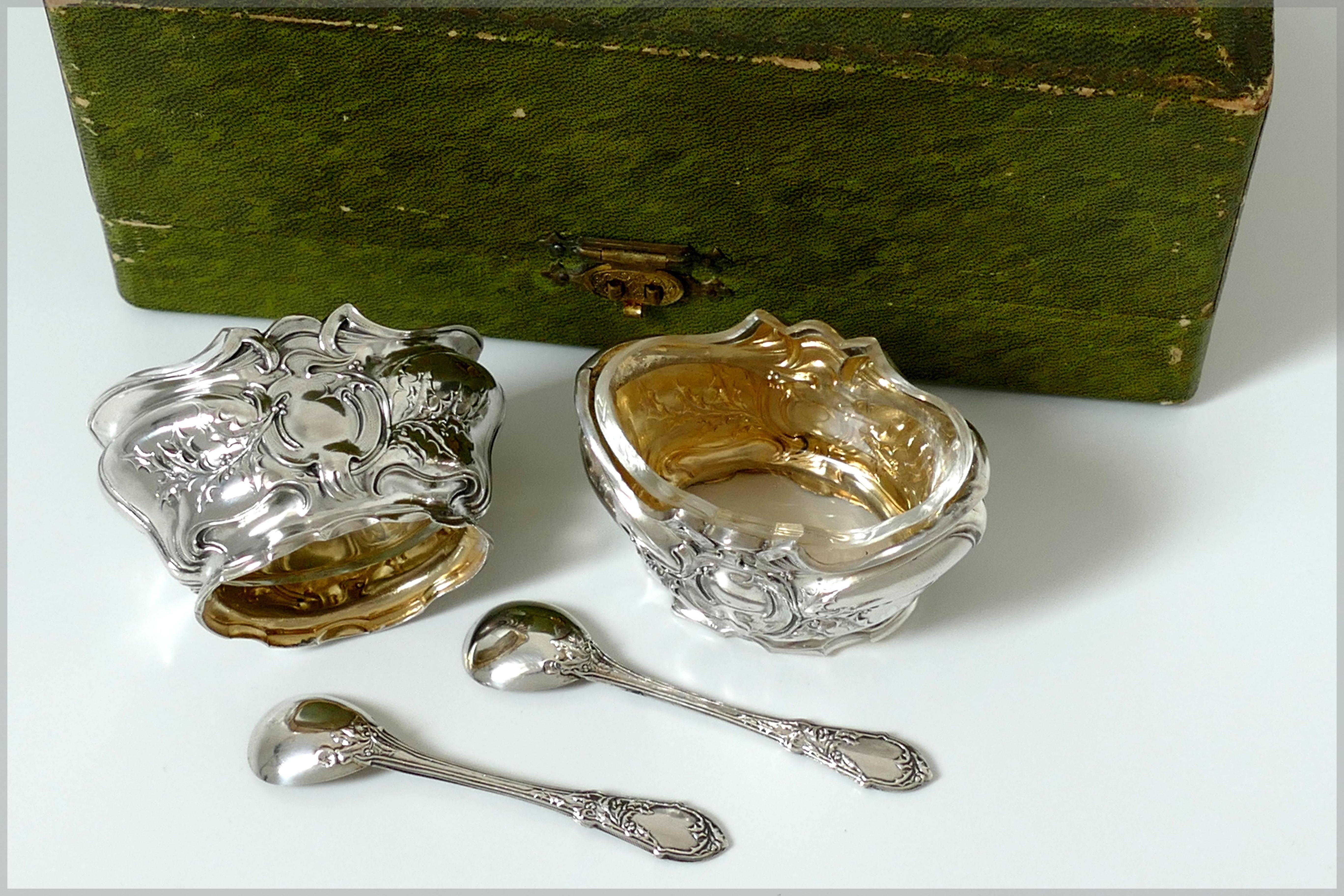 1880s French Sterling Silver 18-Karat Gold Salt Cellars Pair, Spoons, Box, Holy 1