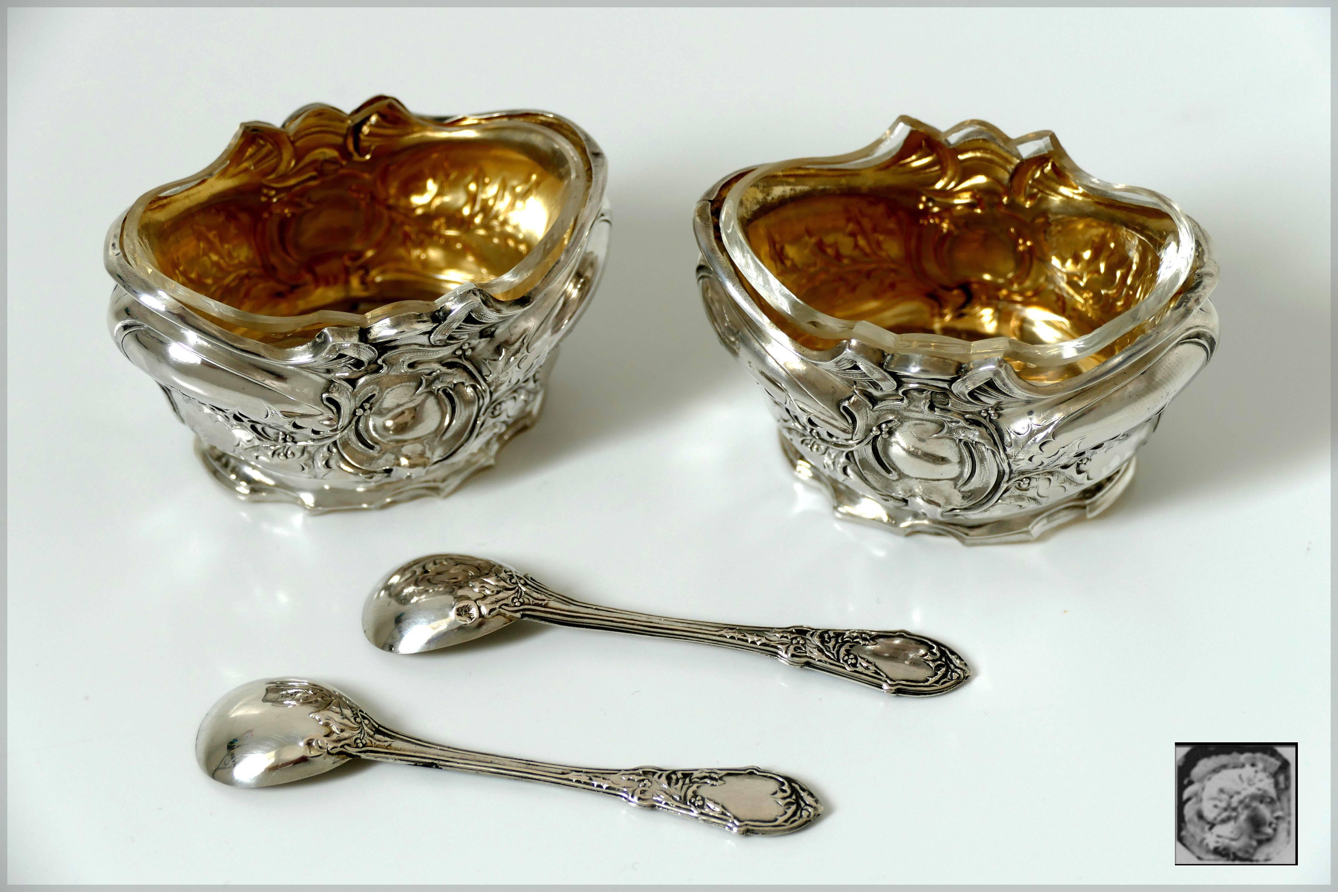 1880s French Sterling Silver 18-Karat Gold Salt Cellars Pair, Spoons, Box, Holy 4