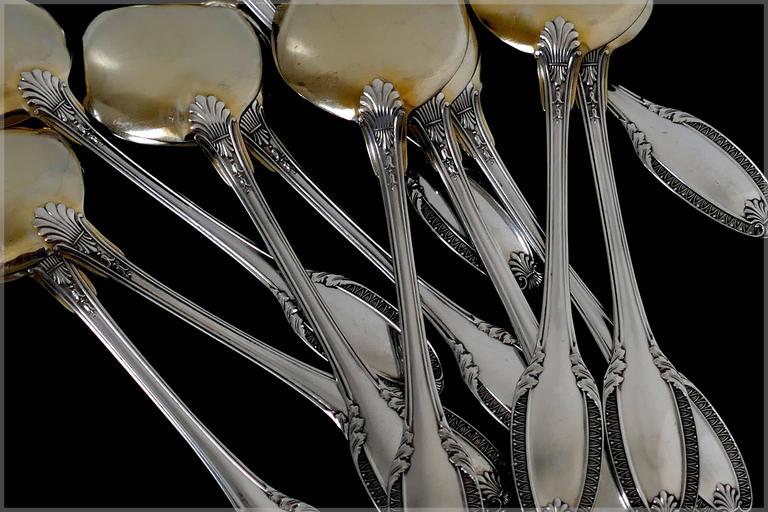 Puiforcat French Sterling Silver 18Karat Gold Ice Cream Spoons Set Box Palmette For Sale at 1stDibs