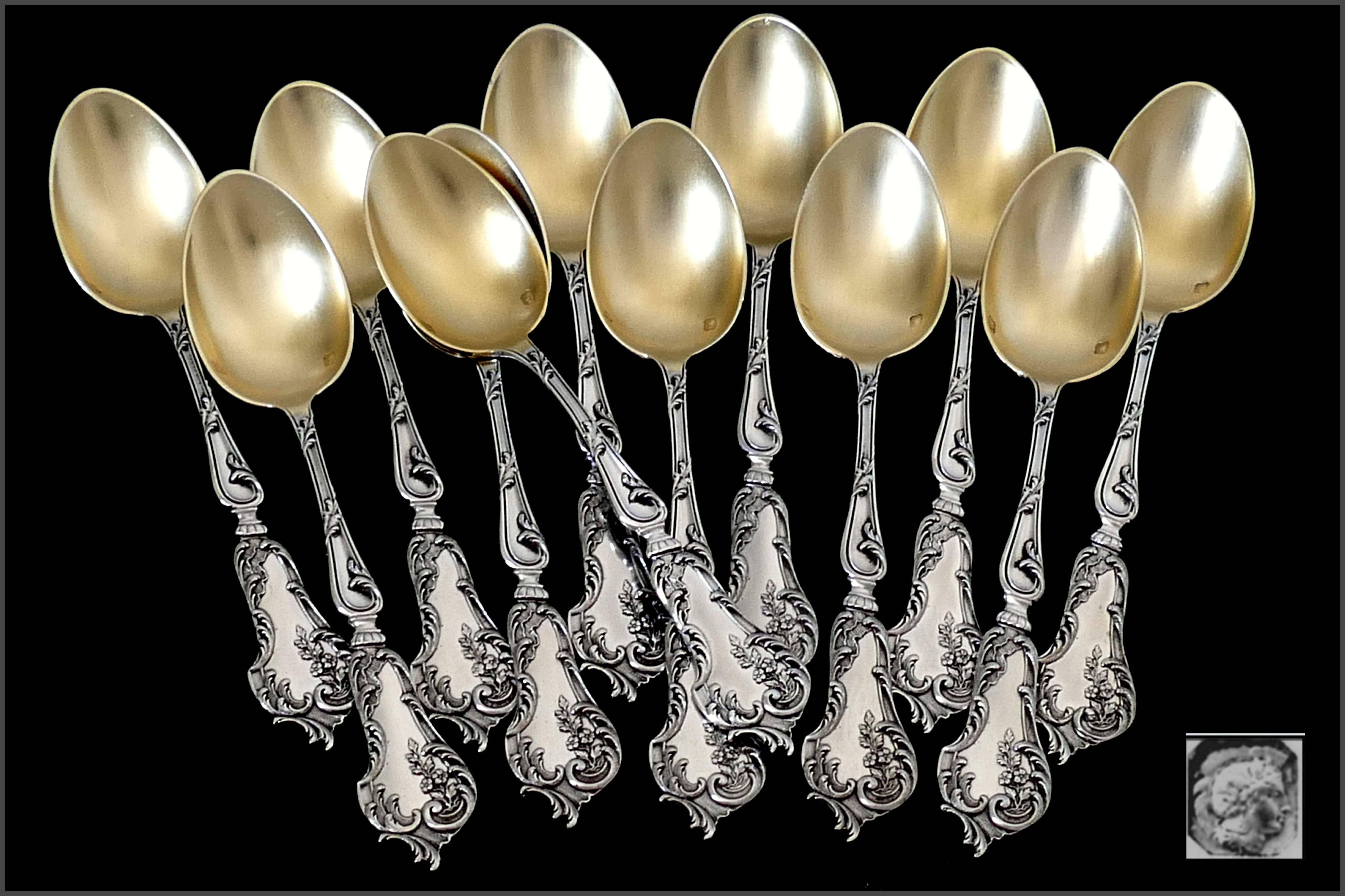 Late 19th Century Soufflot Fabulous French All Sterling Silver 18-Karat Gold Tea Coffee Spoons Set For Sale