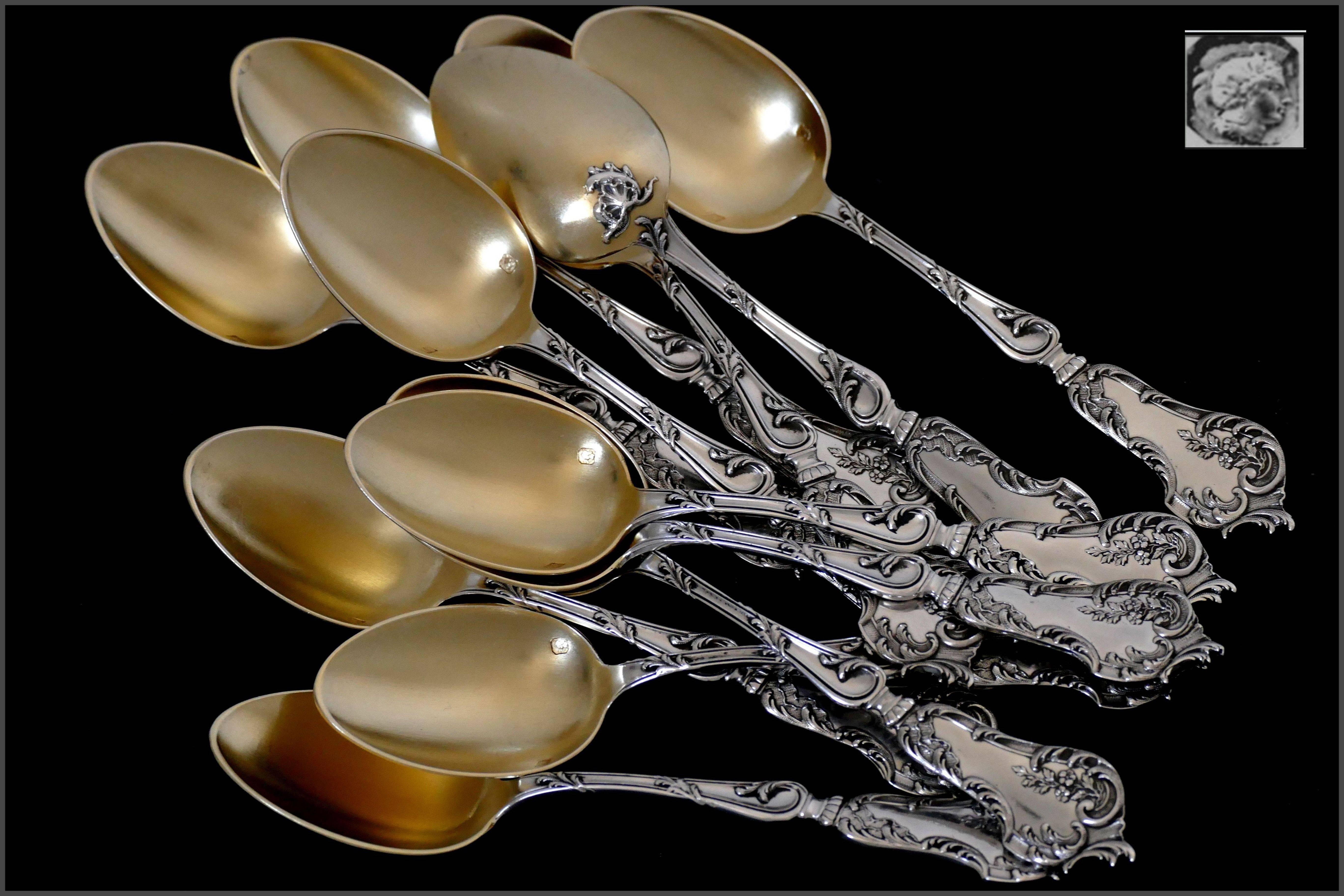 Rococo Soufflot Fabulous French All Sterling Silver 18-Karat Gold Tea Coffee Spoons Set For Sale