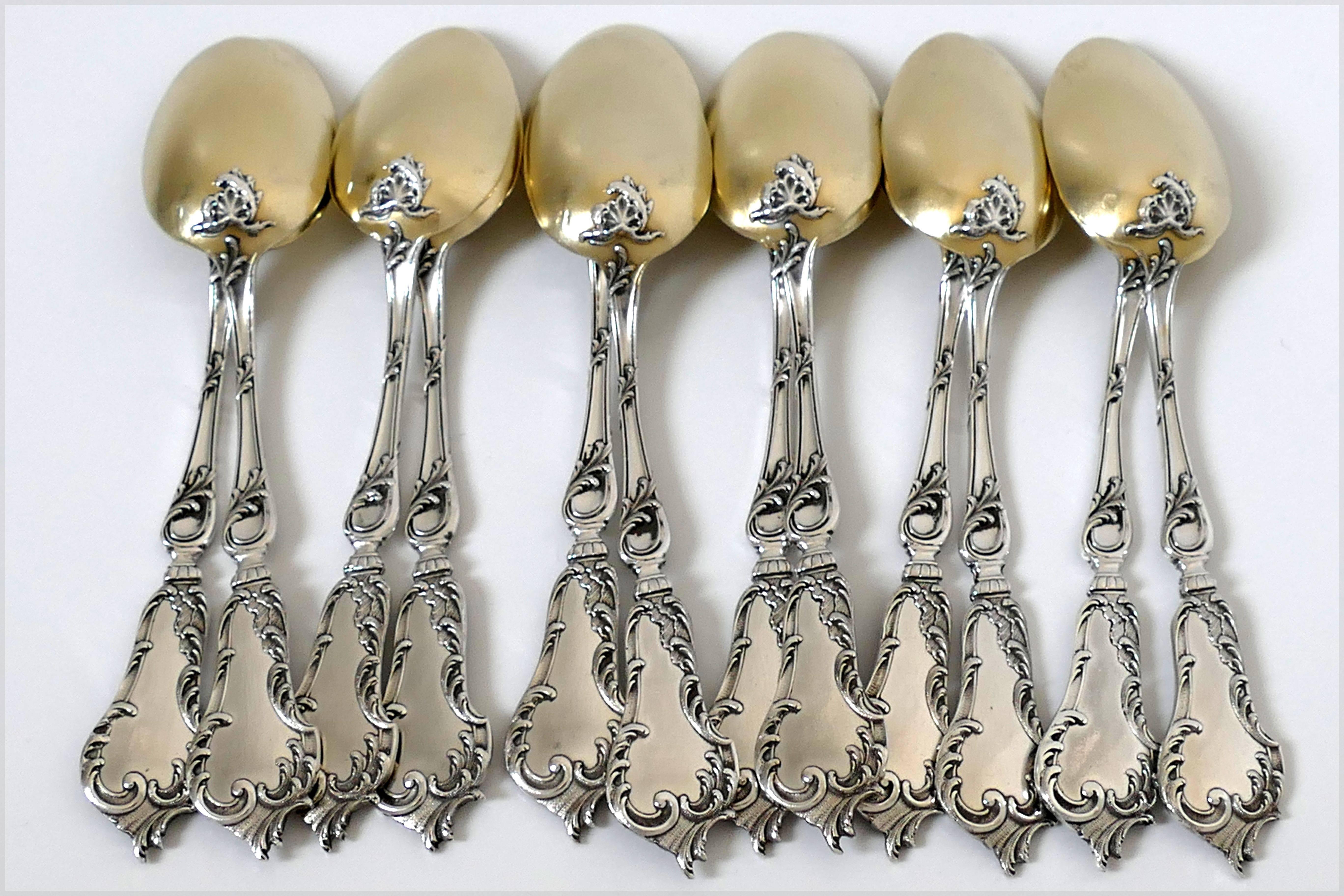 Soufflot Fabulous French All Sterling Silver 18-Karat Gold Tea Coffee Spoons Set For Sale 3