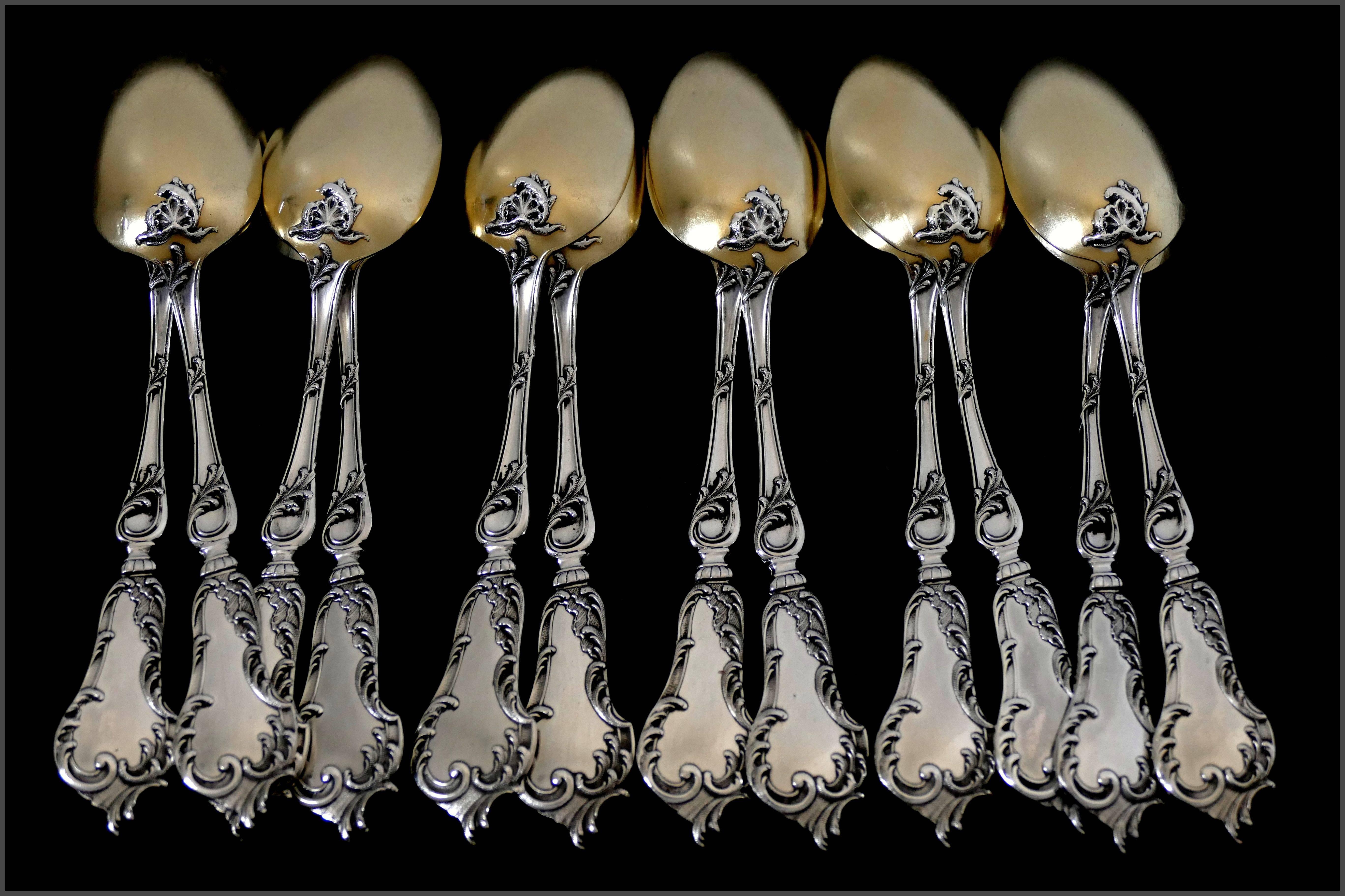 Soufflot Fabulous French All Sterling Silver 18-Karat Gold Tea Coffee Spoons Set For Sale 4