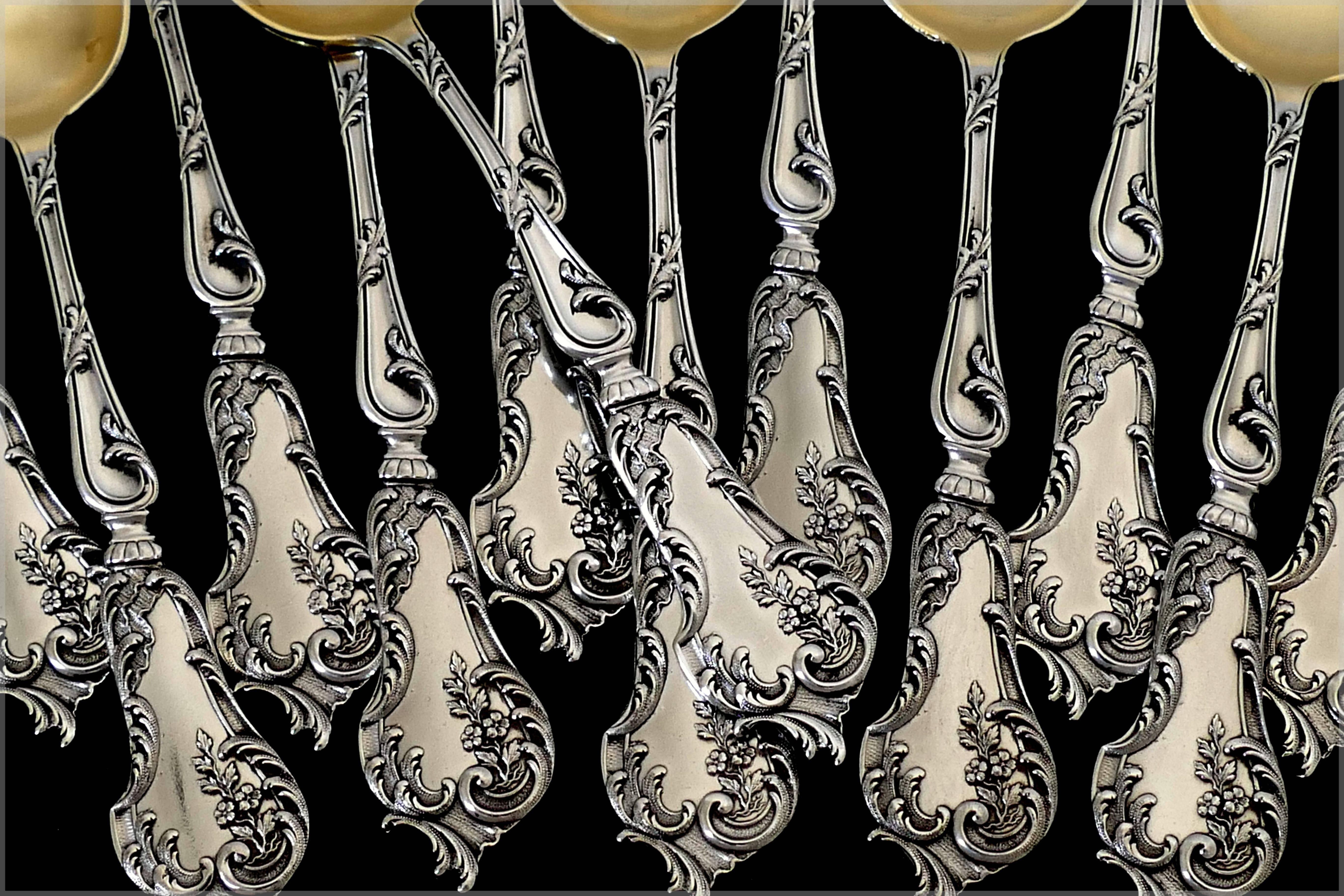Soufflot Fabulous French All Sterling Silver 18-Karat Gold Tea Coffee Spoons Set For Sale 2
