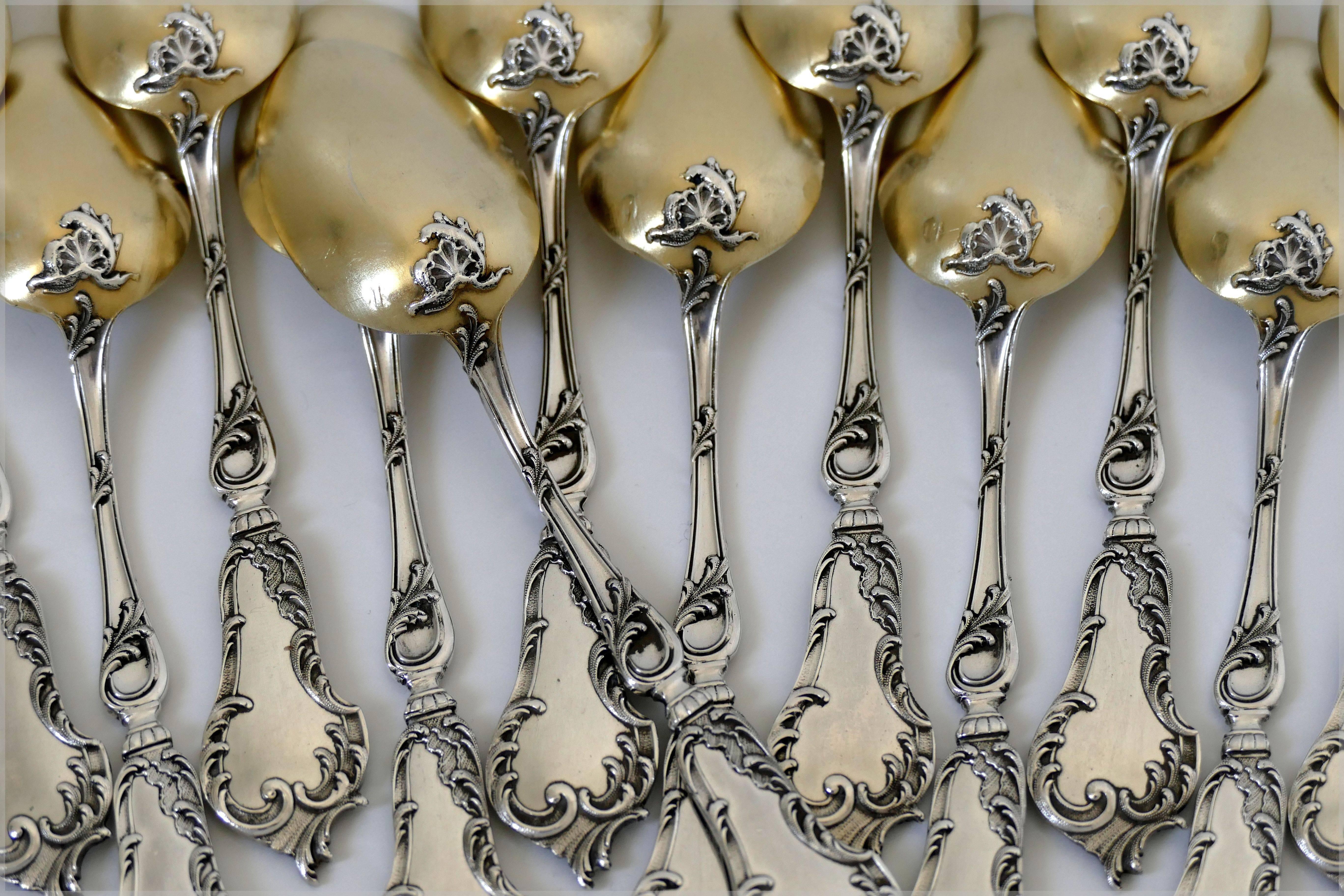 Soufflot Fabulous French All Sterling Silver 18-Karat Gold Tea Coffee Spoons Set In Good Condition For Sale In TRIAIZE, PAYS DE LOIRE