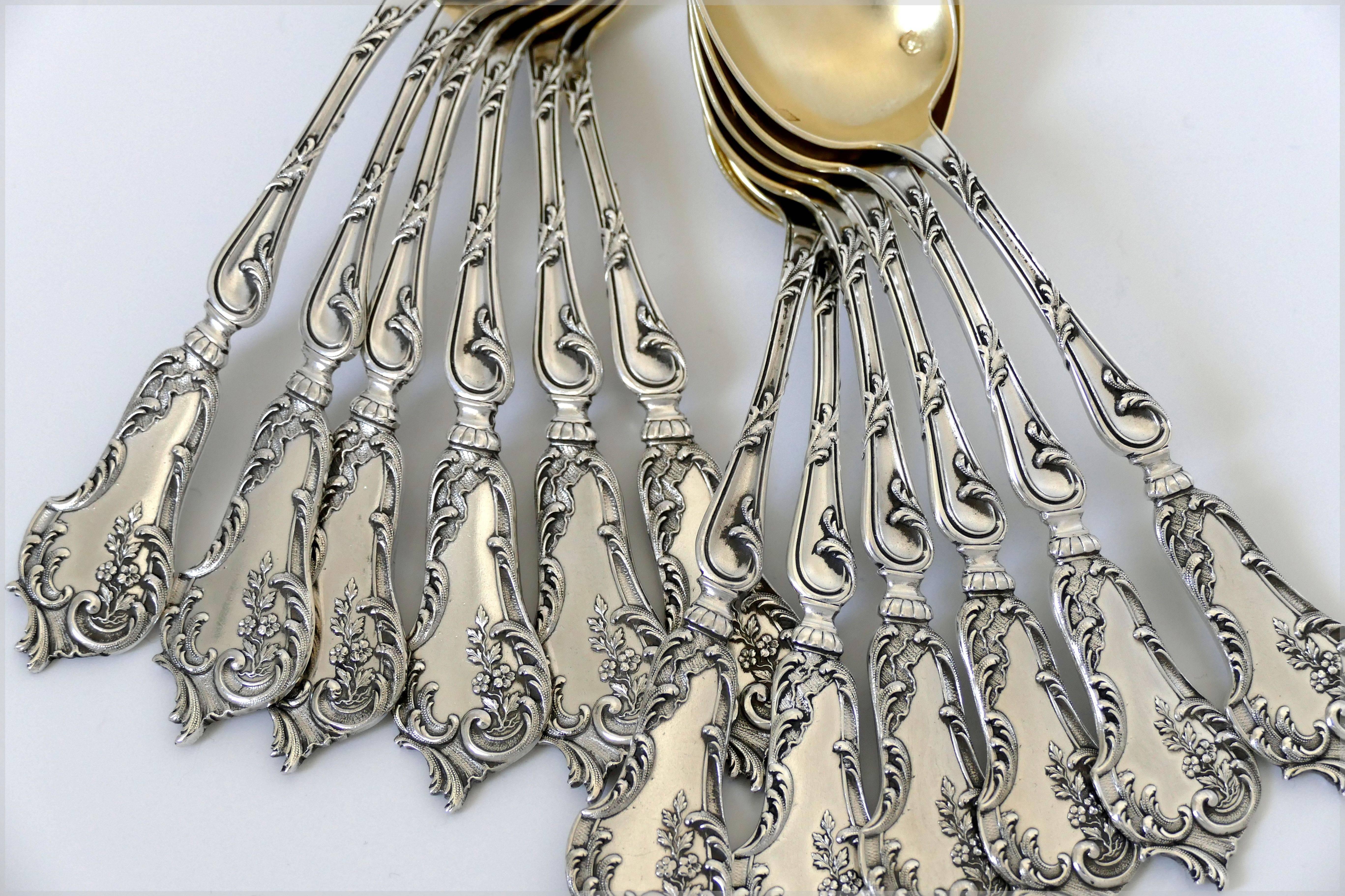 Soufflot Fabulous French All Sterling Silver 18-Karat Gold Tea Coffee Spoons Set For Sale 5