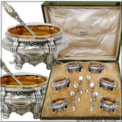 Veyrat French Sterling Silver 18-Karat Gold Six Salt Cellars, Spoons, Box
