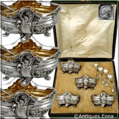 Barrier French Sterling Silver 18-Karat Gold Four Salt Cellars, Spoons, Box