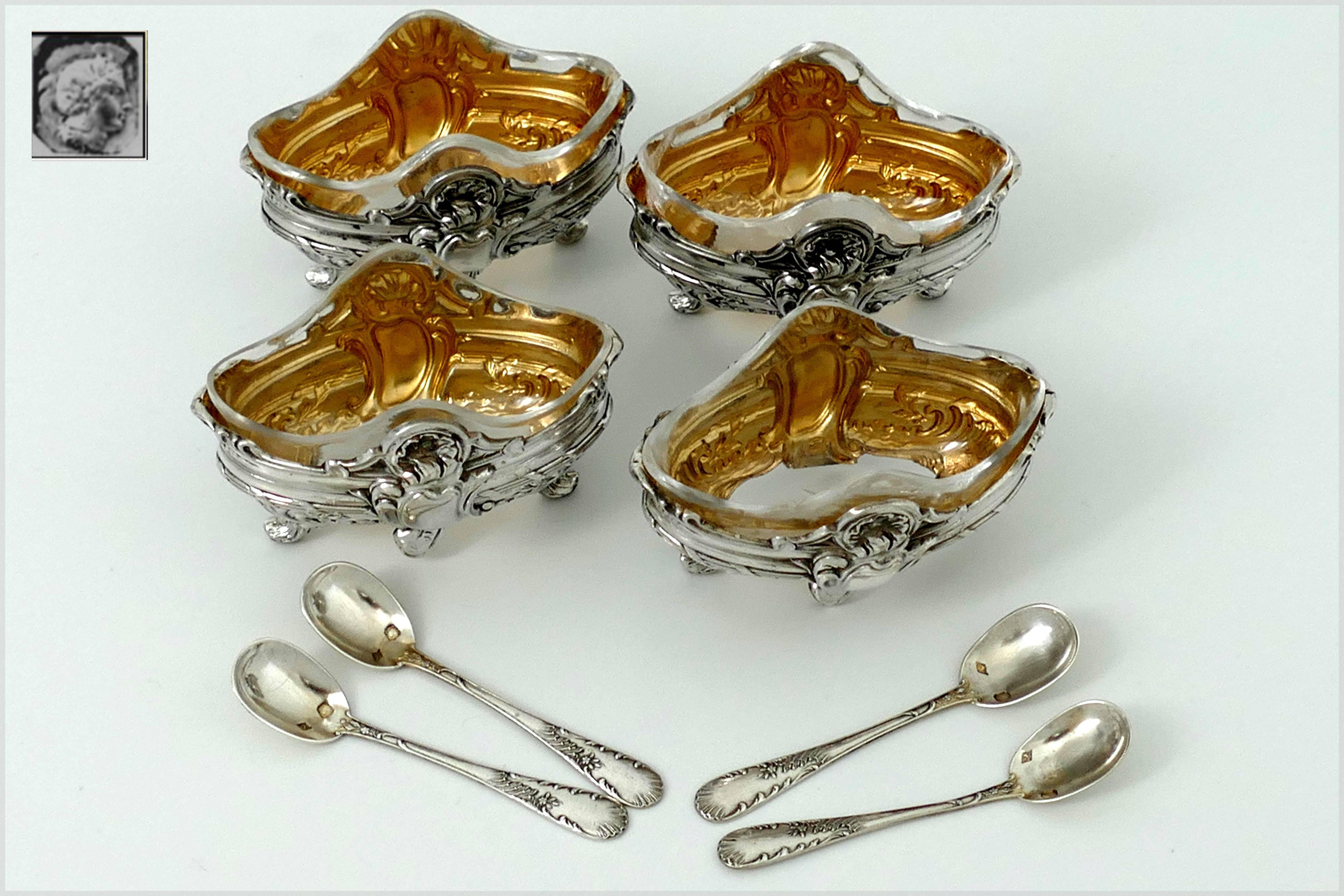 Rococo Barrier French Sterling Silver 18-Karat Gold Four Salt Cellars, Spoons, Box For Sale