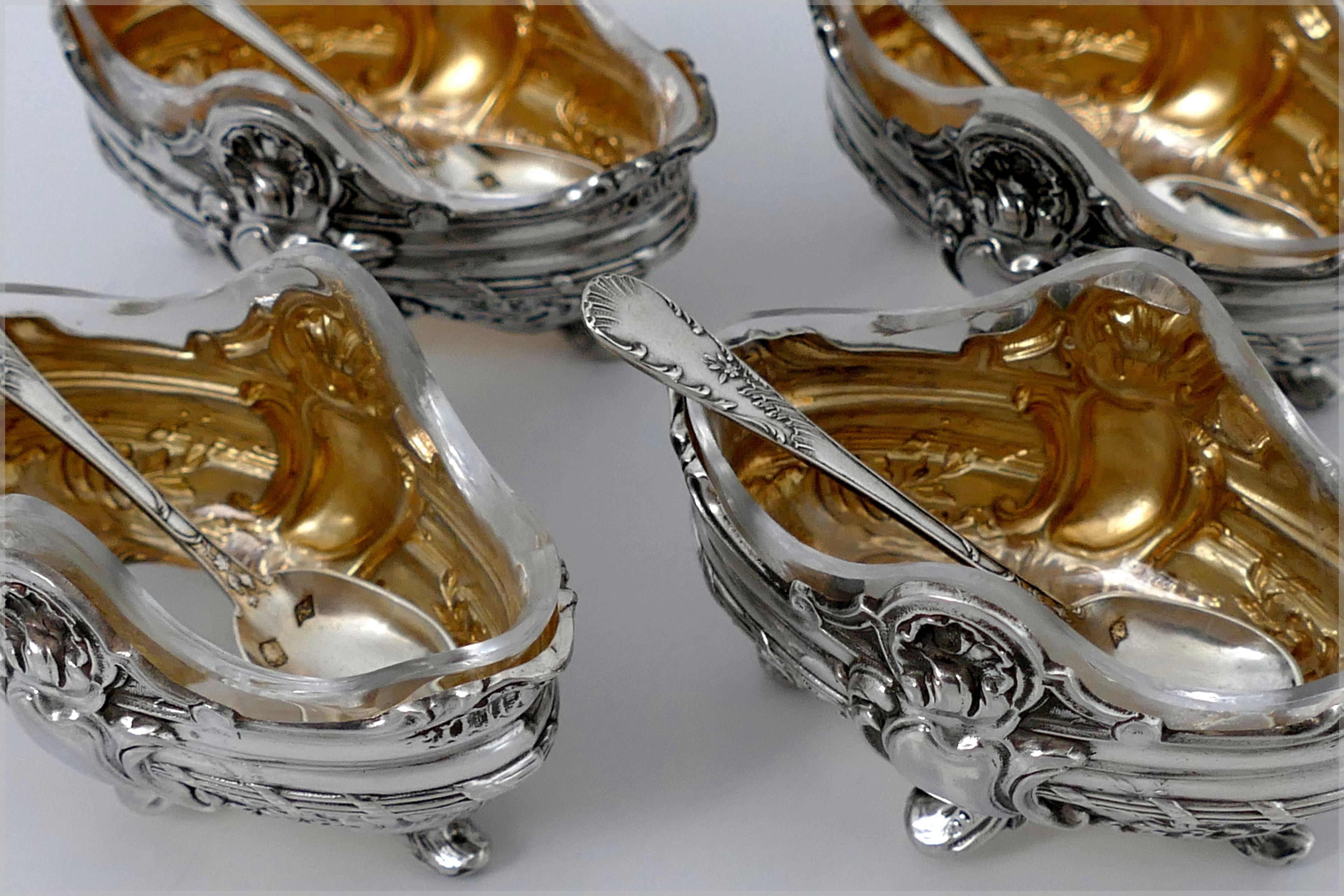 Barrier French Sterling Silver 18-Karat Gold Four Salt Cellars, Spoons, Box For Sale 2