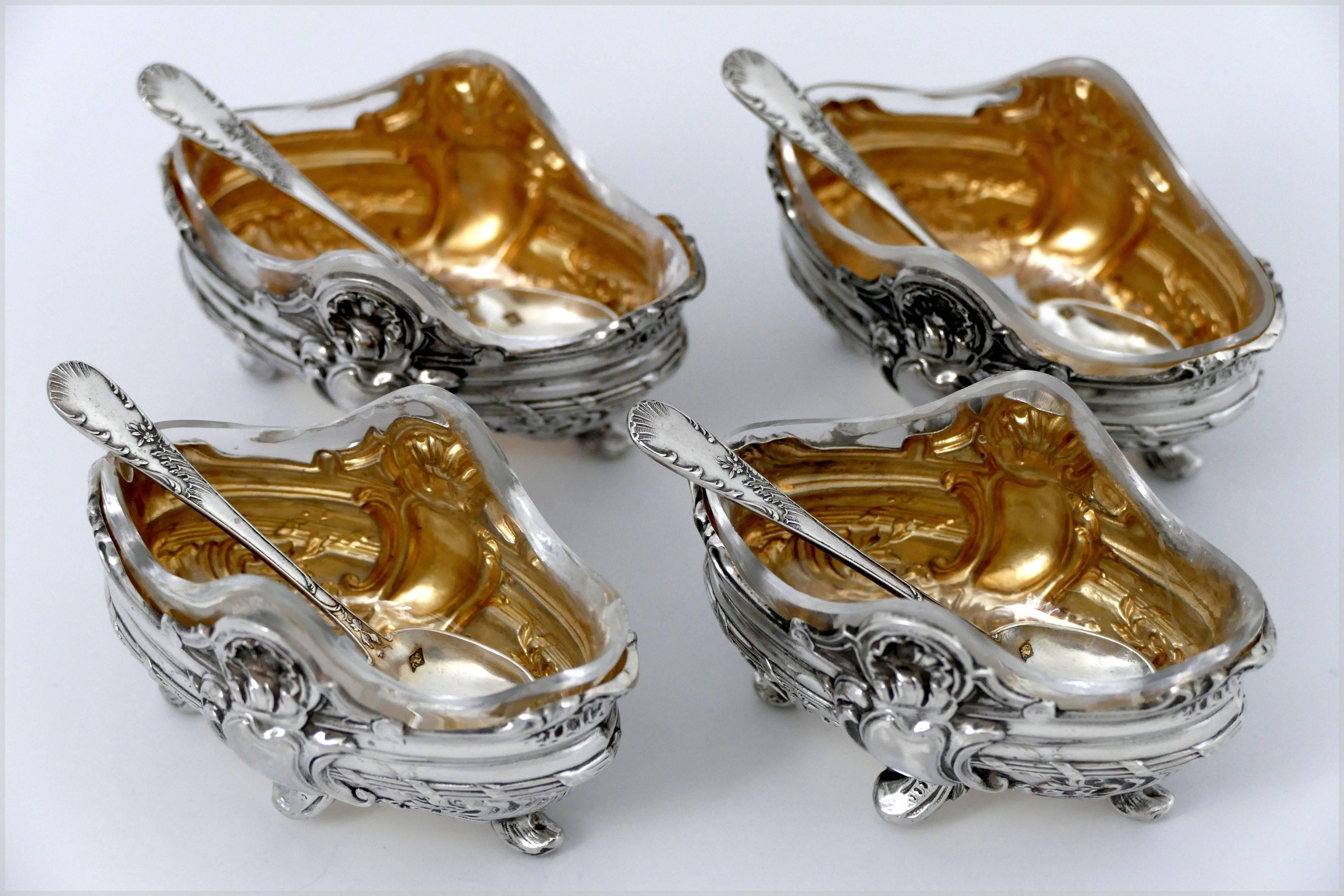 Barrier French Sterling Silver 18-Karat Gold Four Salt Cellars, Spoons, Box For Sale 4