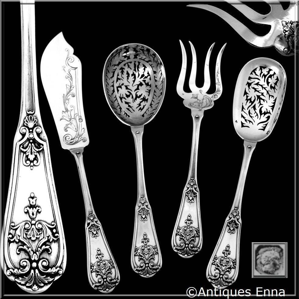 Head of Minerve first titre for 950/1000 French sterling silver guarantee. 

Four pieces of truly exceptional quality, for the richness of their Louis XIV, Neo-Renaissance decoration, their form and sculpting. The set includes a knife, a pierced