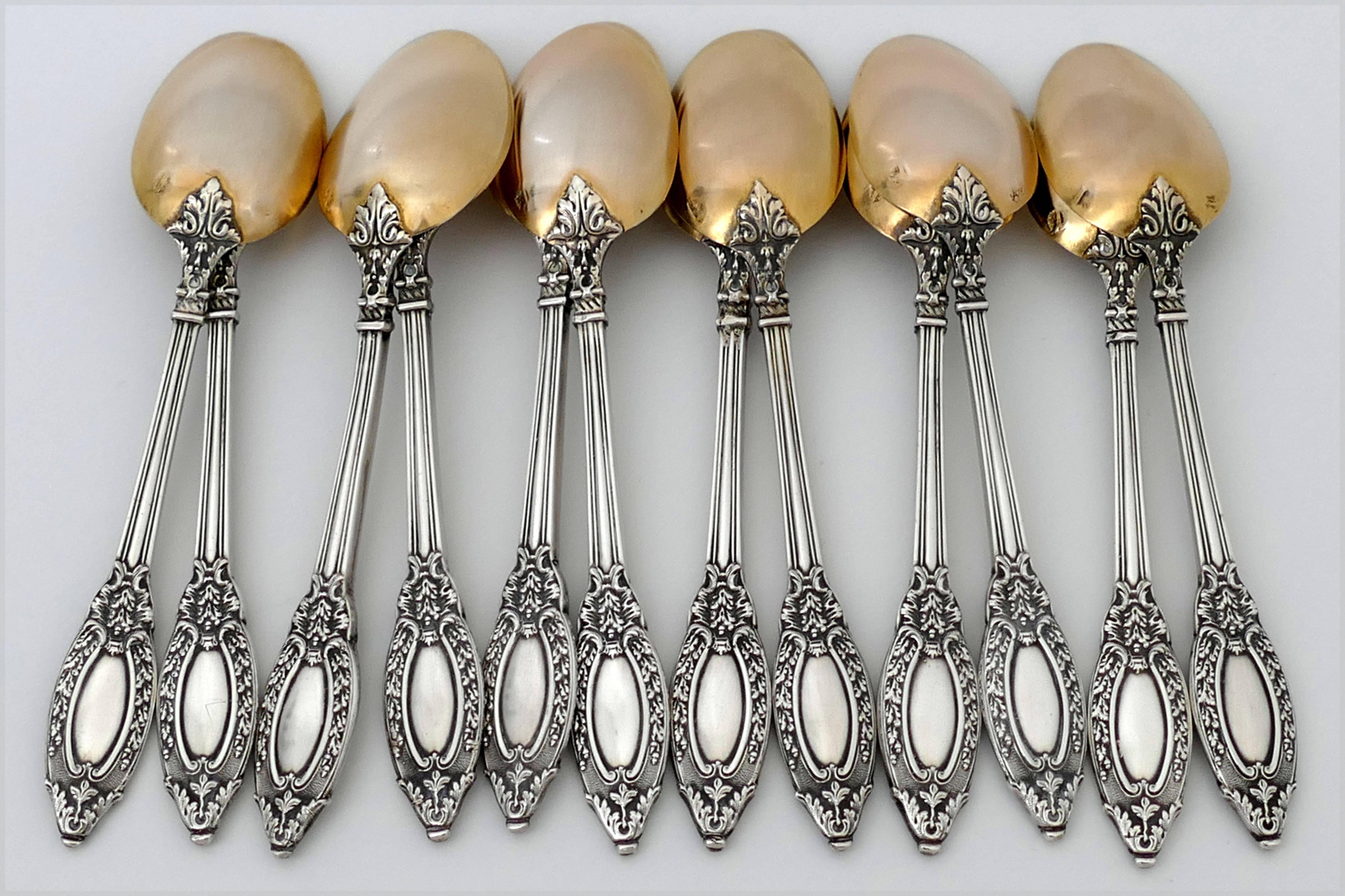 French Sterling Silver 18-Karat Gold Tea Service Tea Spoons Strainer Sugar Tong For Sale 1