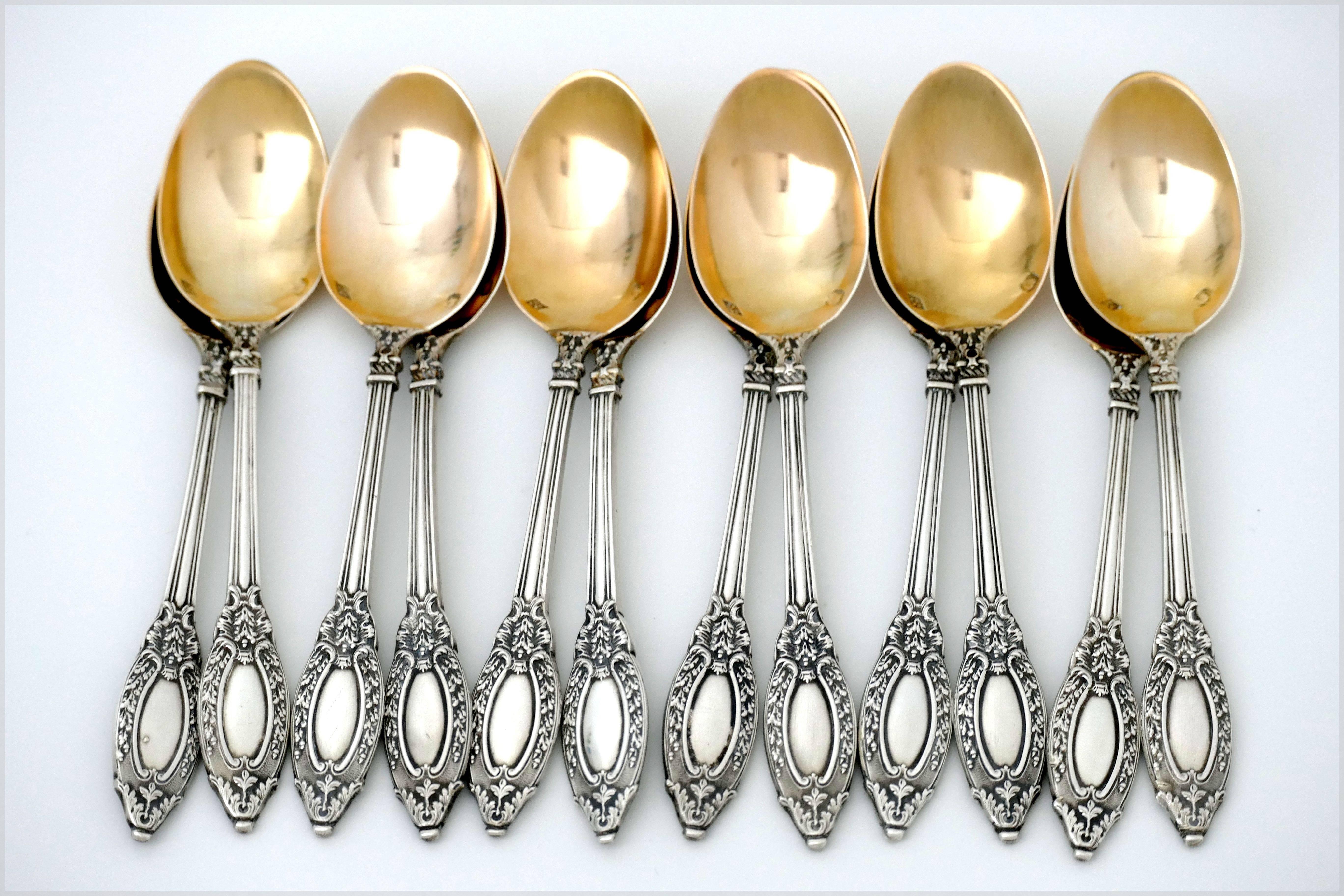 Art Nouveau French Sterling Silver 18-Karat Gold Tea Service Tea Spoons Strainer Sugar Tong For Sale
